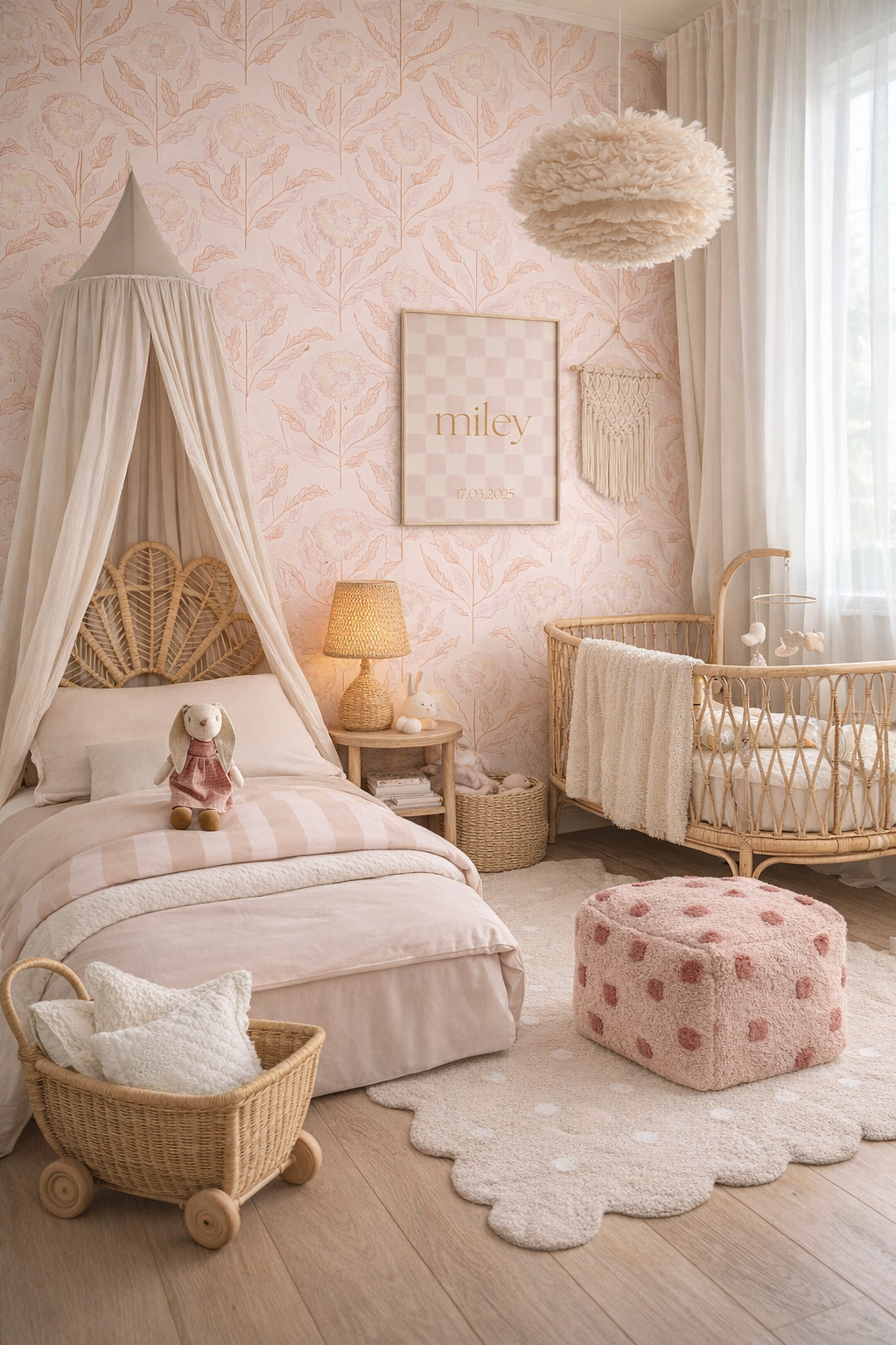 Zachte en neutrale meisjeskamer inspiratie met bloembehang en warme tinten