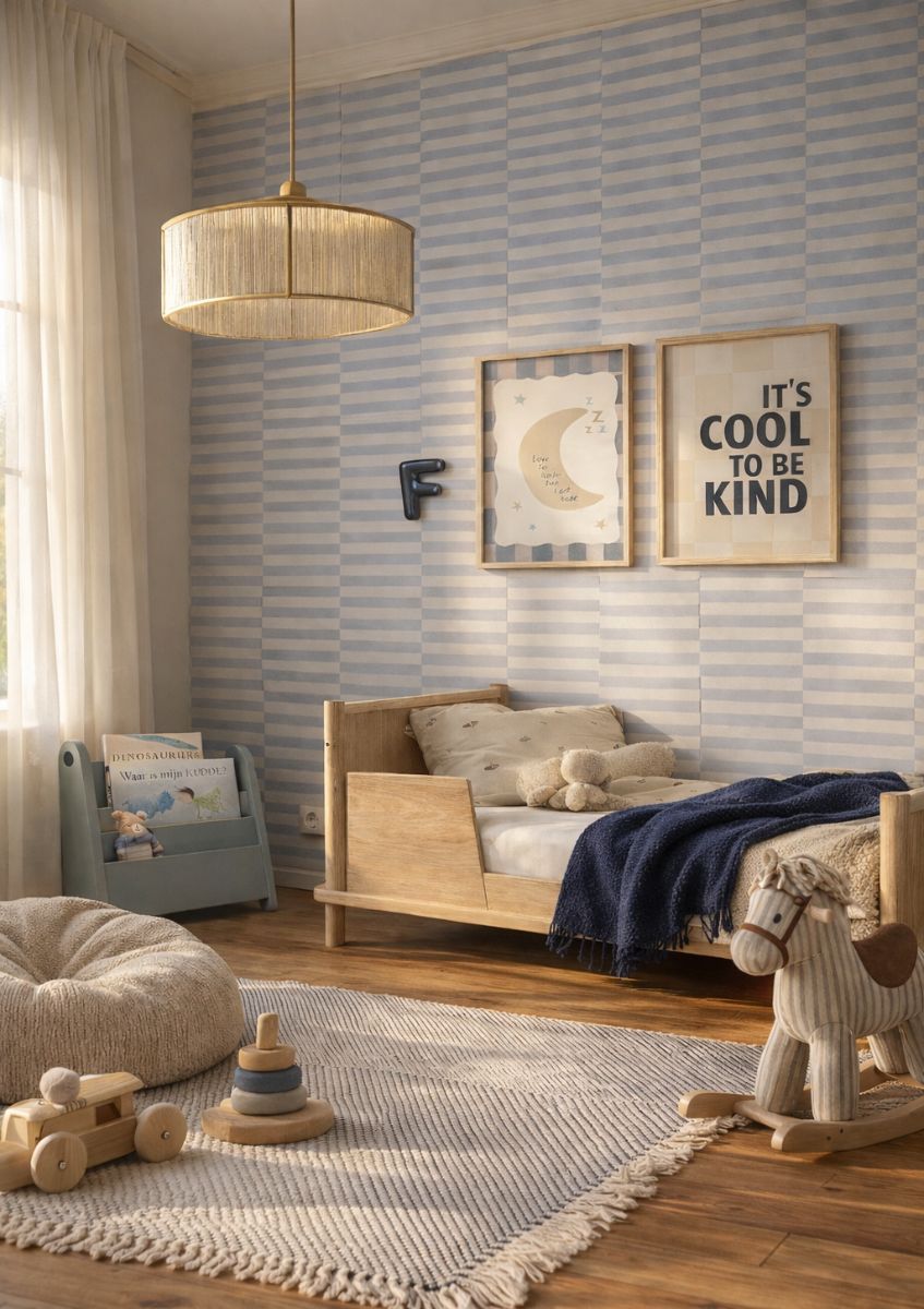 Kinderkamer inspiratie: Tijdloze jongenskamer met denimblauw behang en speelse posters