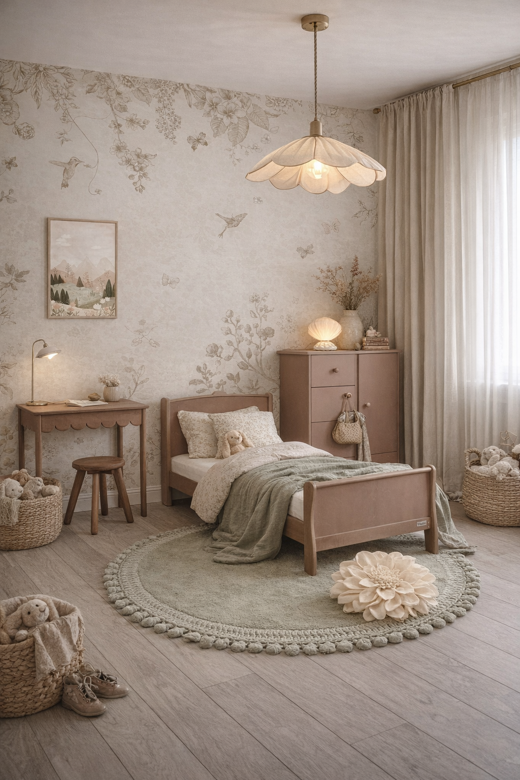 Botanische meisjeskamer inspiratie met bloemenbehang en zachte natuurtinten
