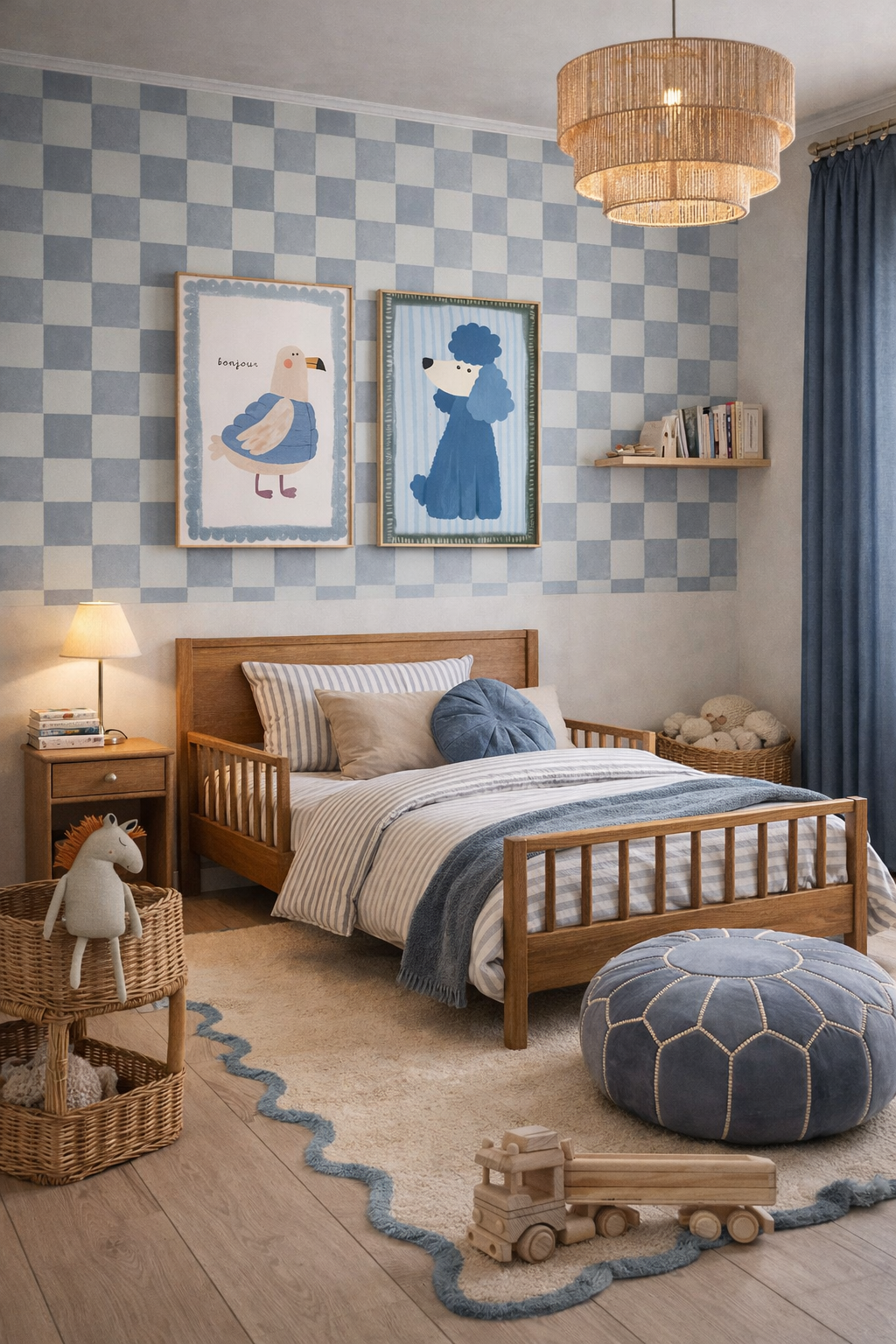 Speelse jongenskamer inspiratie met ruitjes behang, blauwe tinten en lieve illustraties