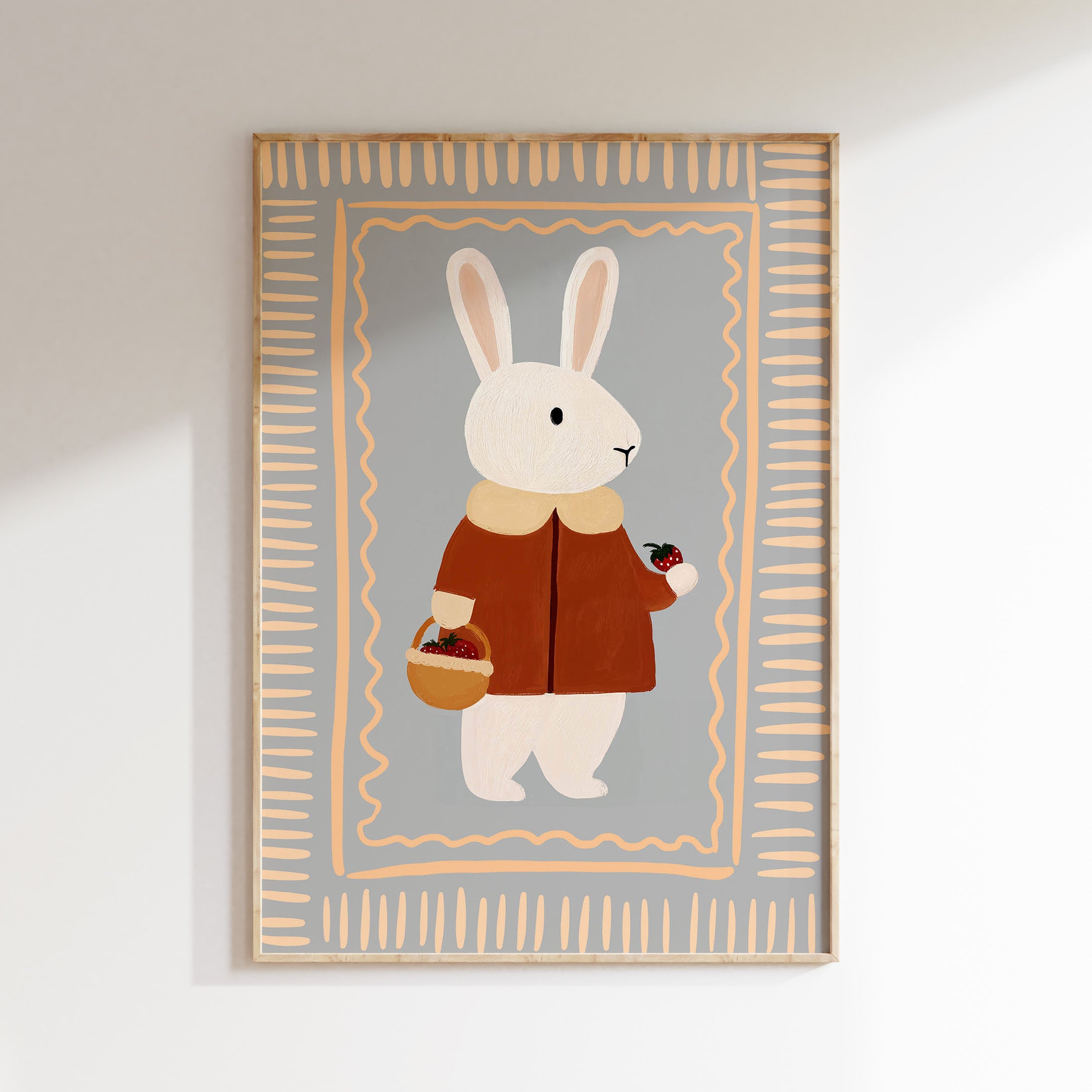 Kinderkamer print - Konijn met mandje aardbeien