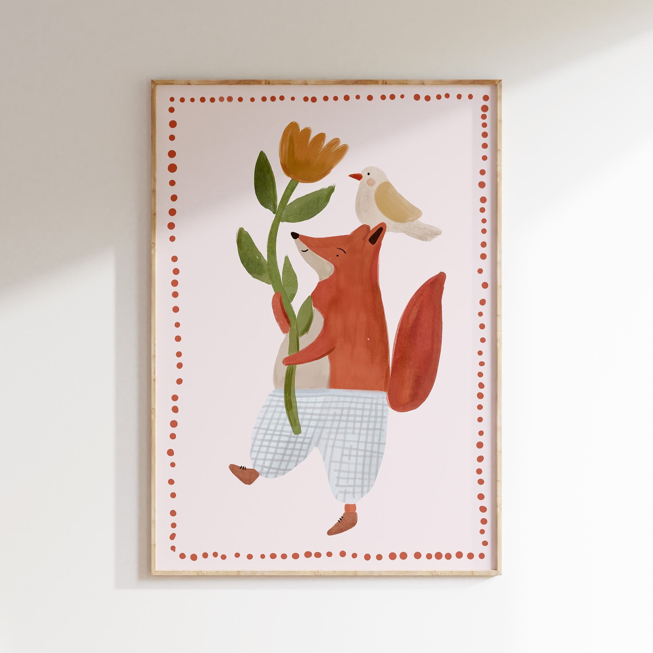 Kinderkamer print - Vrolijke Vos met Bloem en Vogel