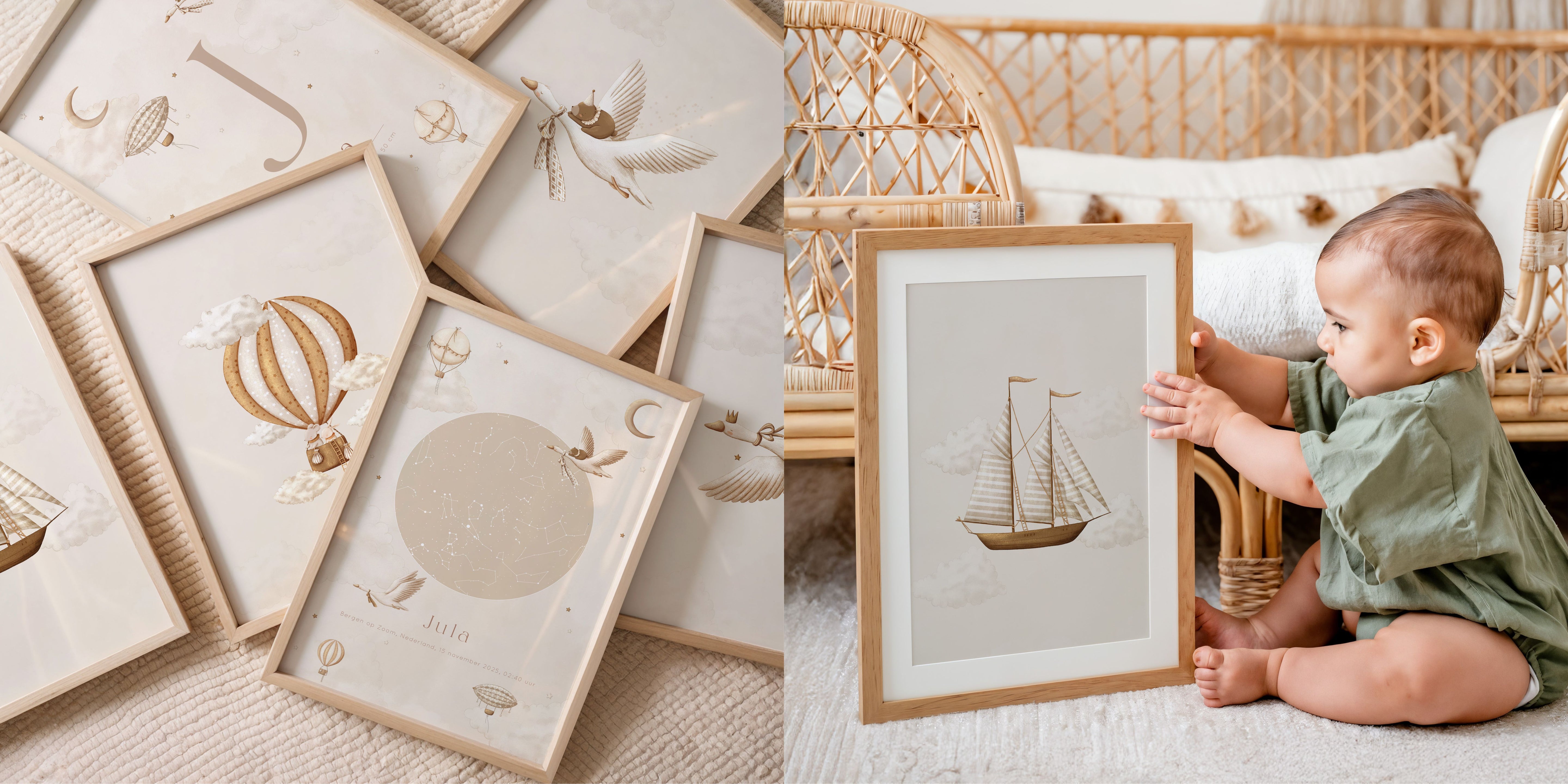Babykamer posters met luchtballon, vogels en zachte neutrale tinten.