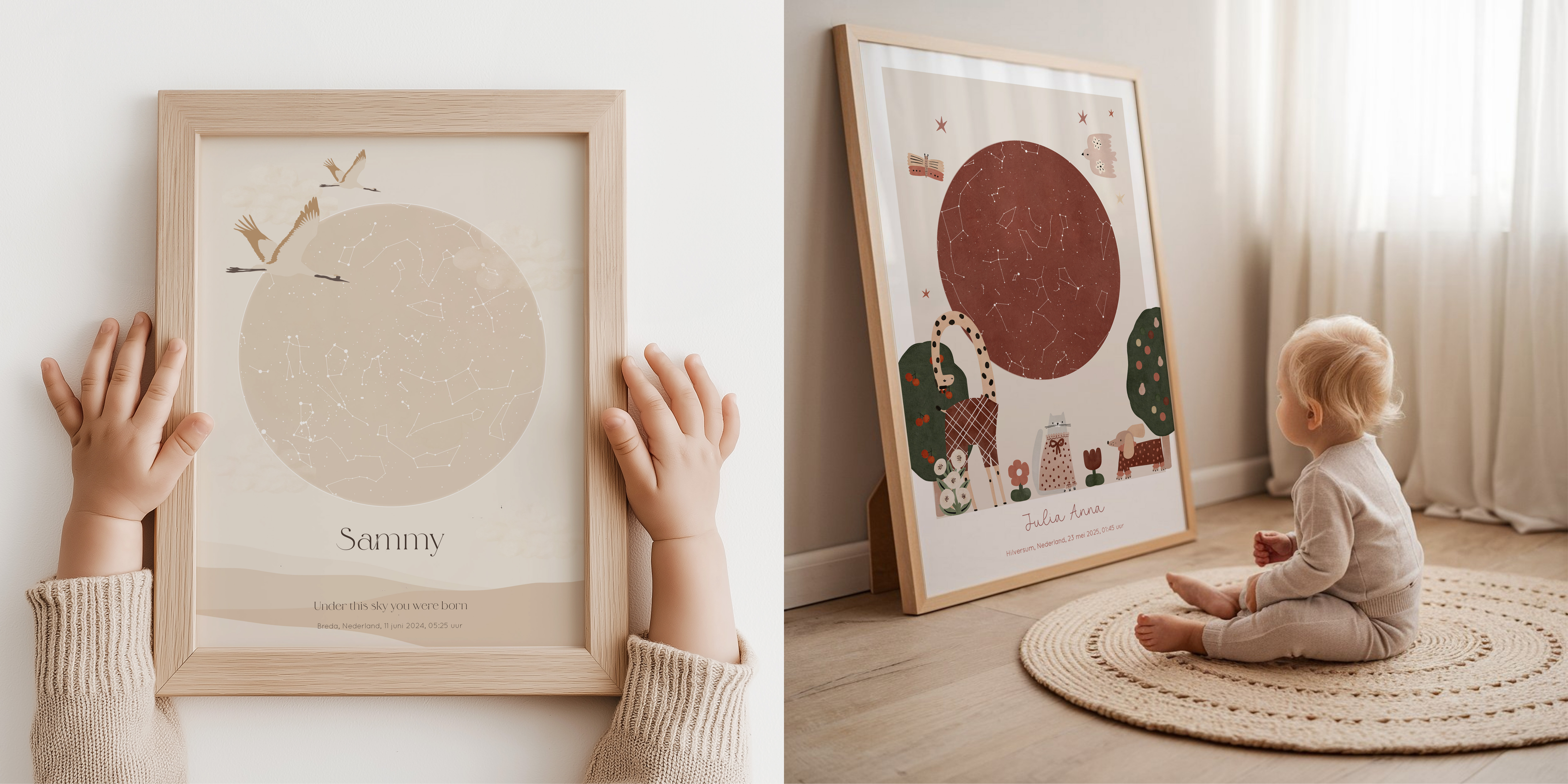 Twee gepersonaliseerde sterrenhemelposters met illustraties en naam, stijlvol ingelijst en perfect als decoratie voor de baby of kinderkamer.