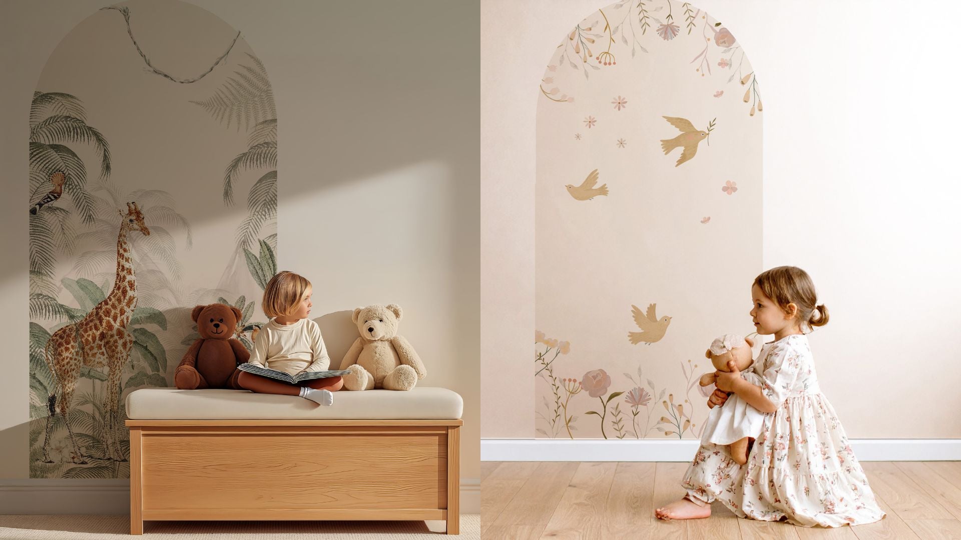 Twee muurstickers in boogvorm met savanne dieren en vogels in zachte, natuurlijke tinten voor een rustige kinderkamer.