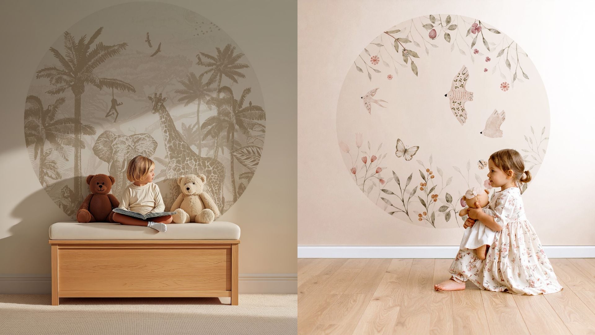 Twee ronde muurstickers met savanne dieren en bloemen in zachte natuurtinten, ideaal voor een warme en rustige kinderkamer.