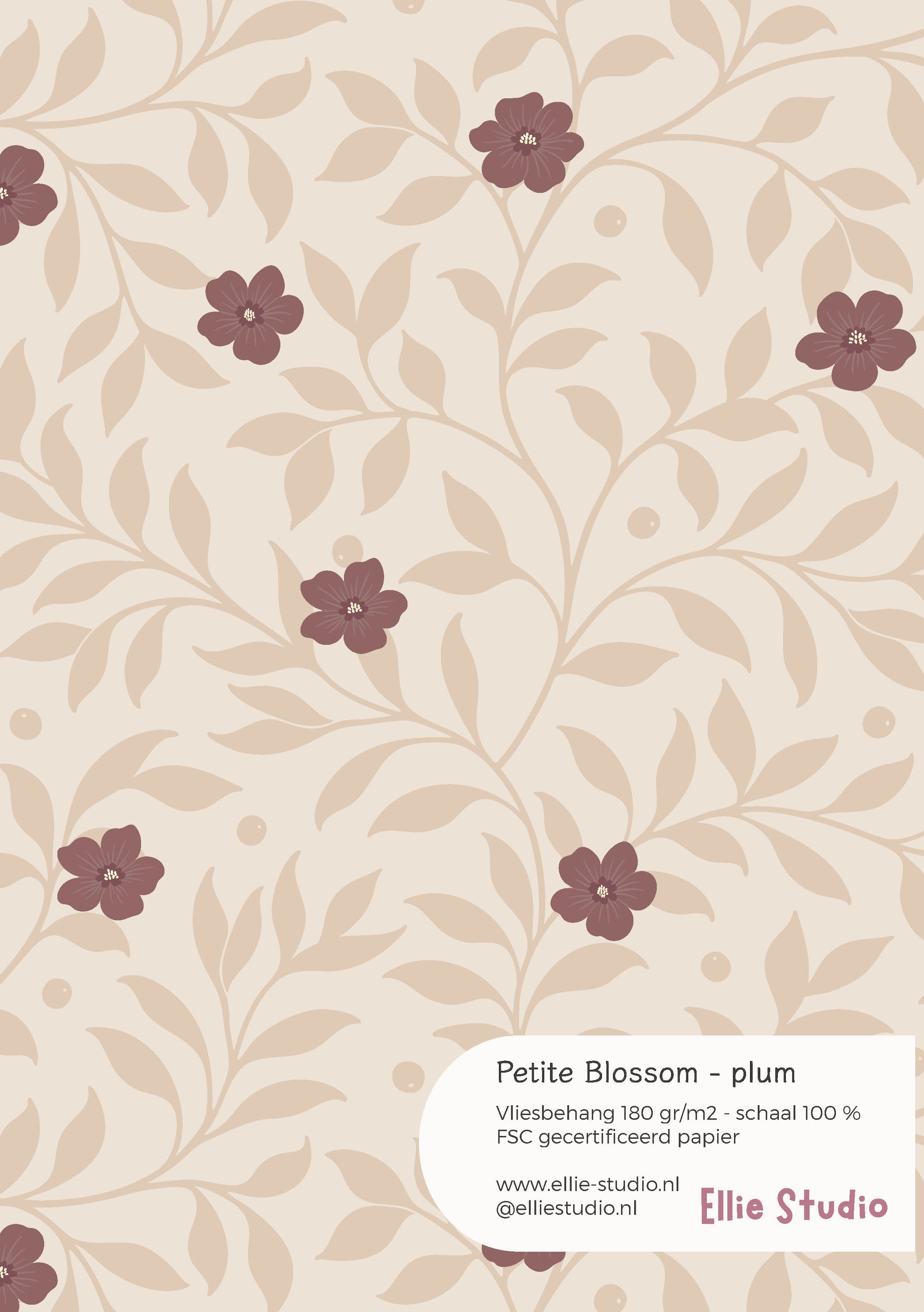 Behangstaal Petite Blossom plum met beige bladeren en pruimkleurige bloemen