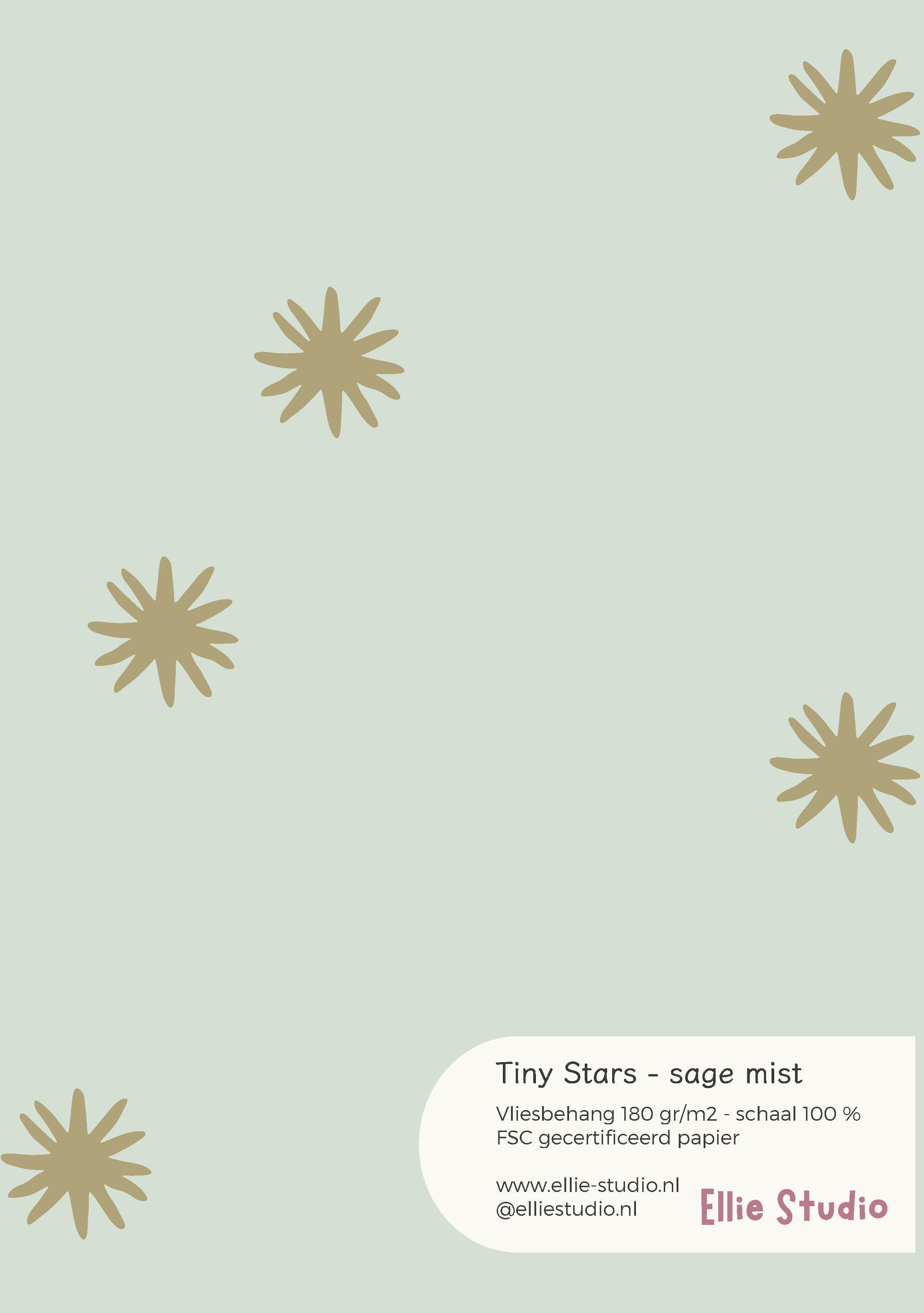 Behangstaal Tiny Stars sage mist met okergele sterren op een zacht saliegroene achtergrond