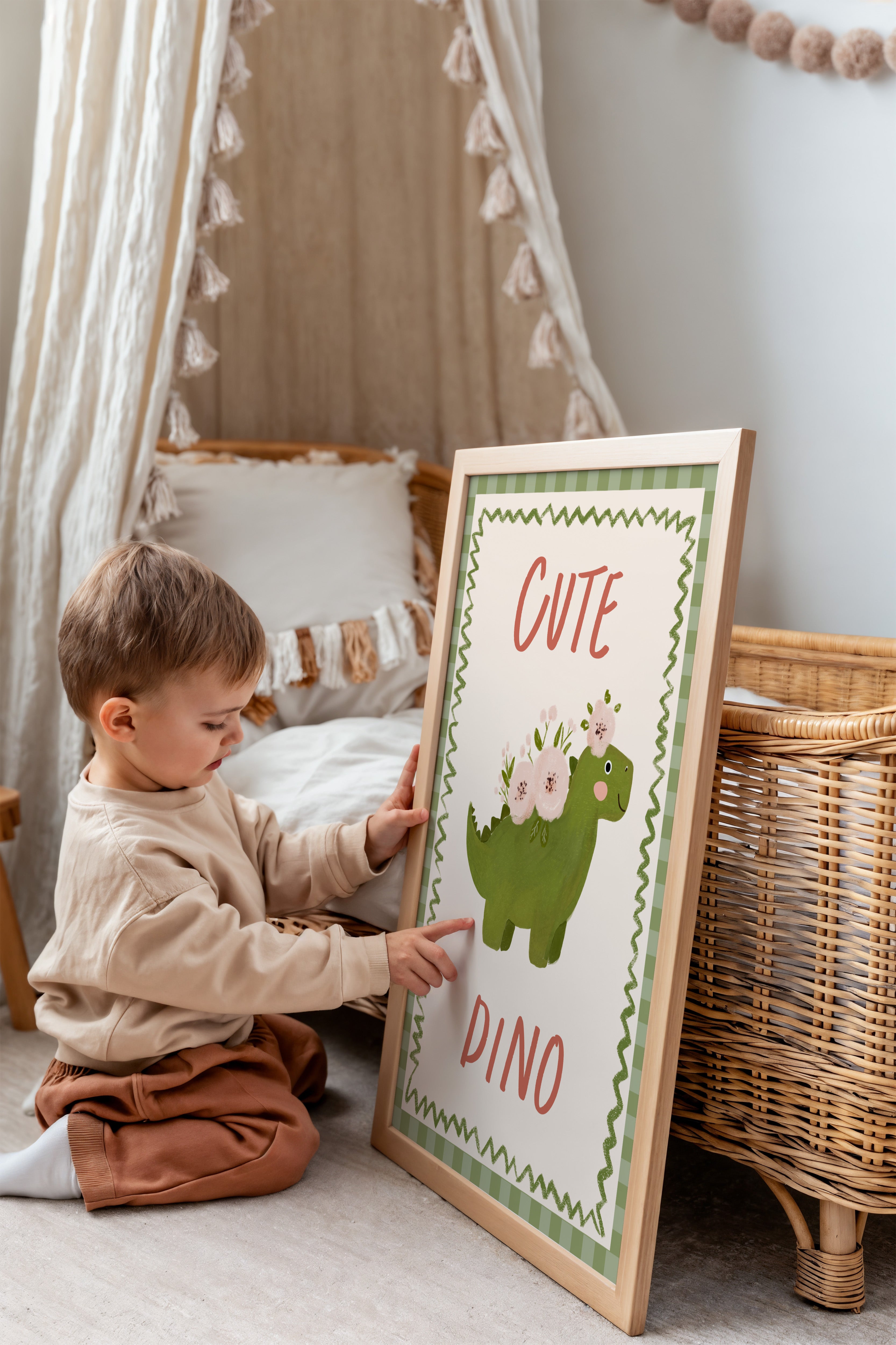 Kinderkamer print - Schattige Dino met Bloemen