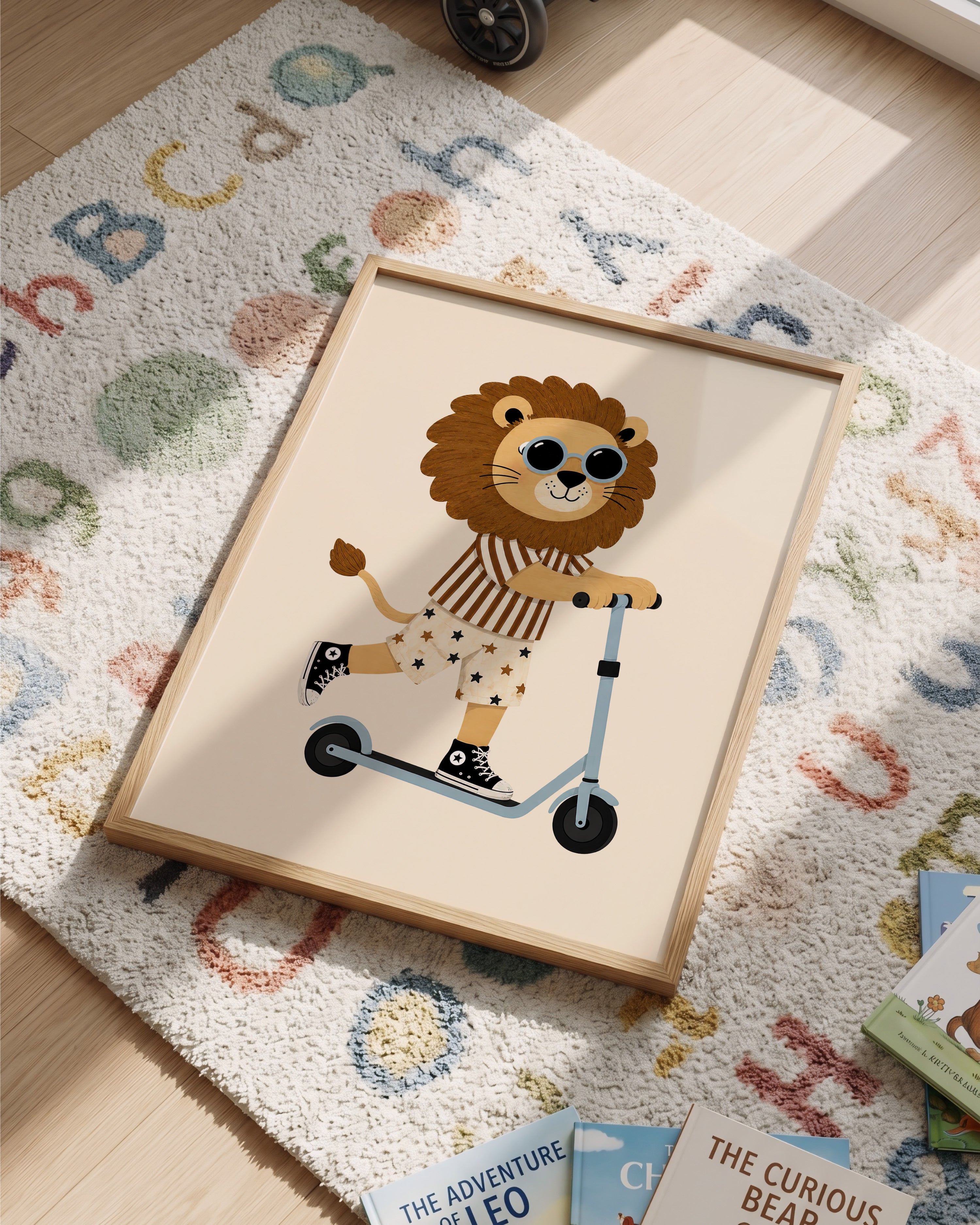 Kinderkamer met poster Leeuw op step op een vloerkleed