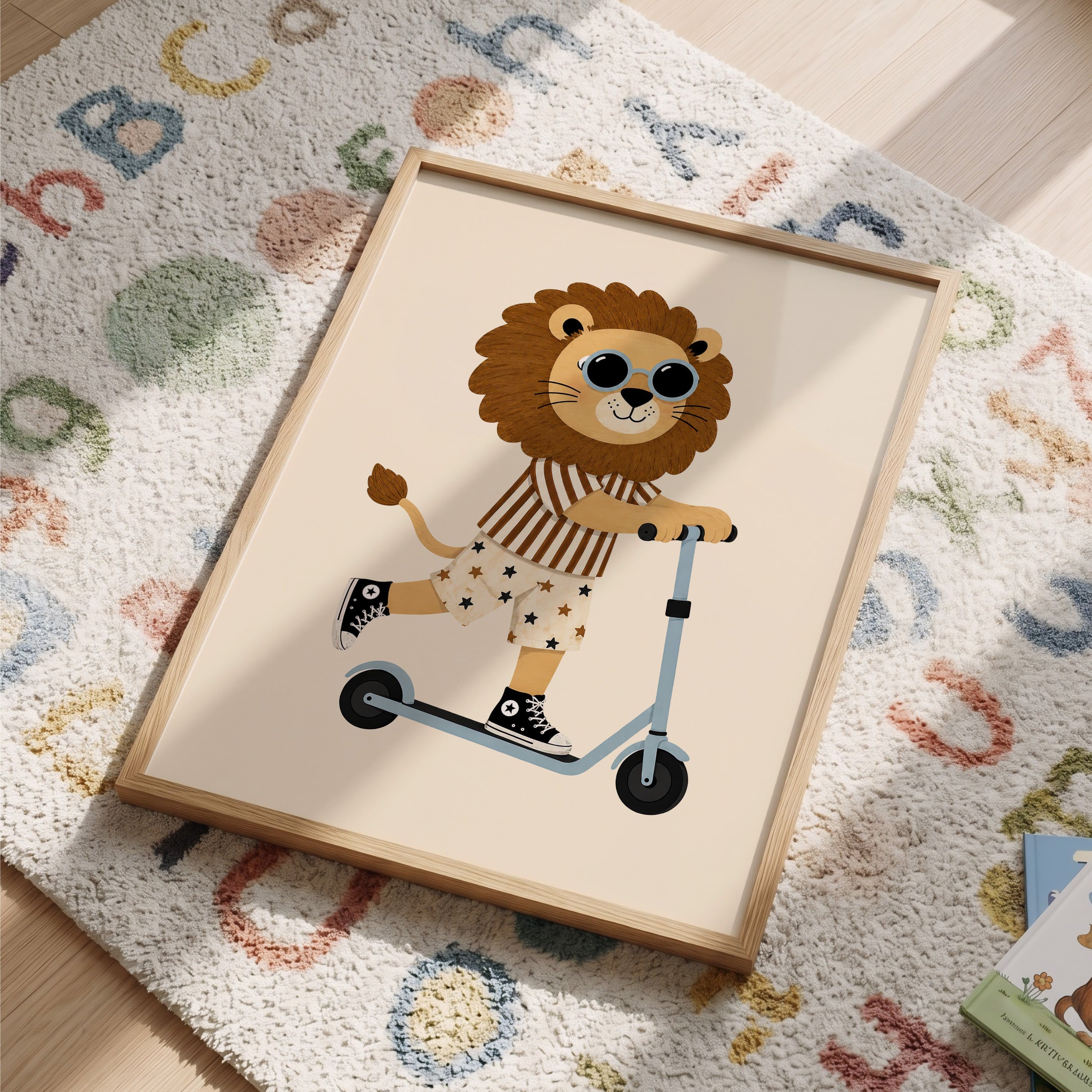 Kinderkamer met poster Leeuw op step op een vloerkleed