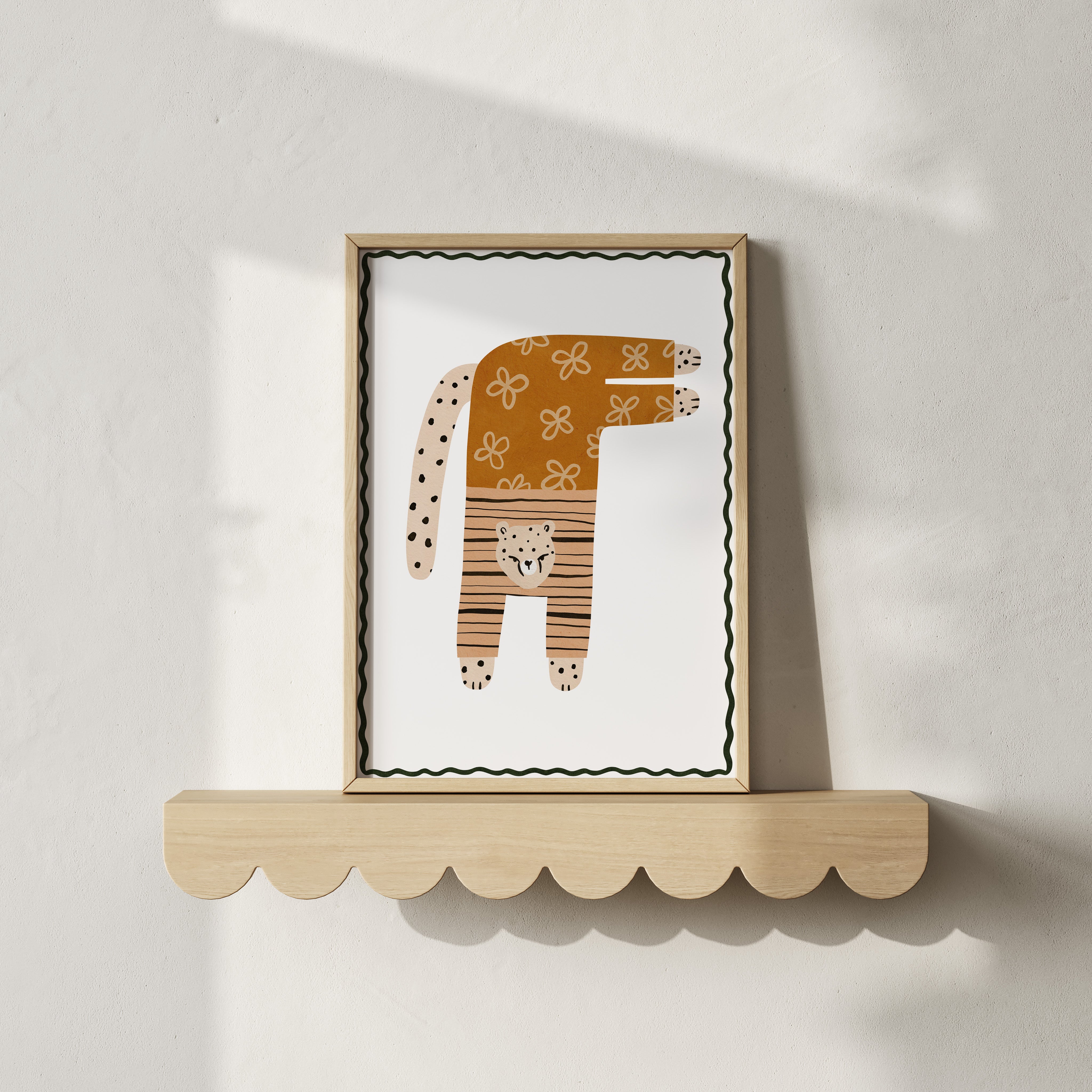 Retro kinderkamer poster - Luipaard met bloemenpatroon