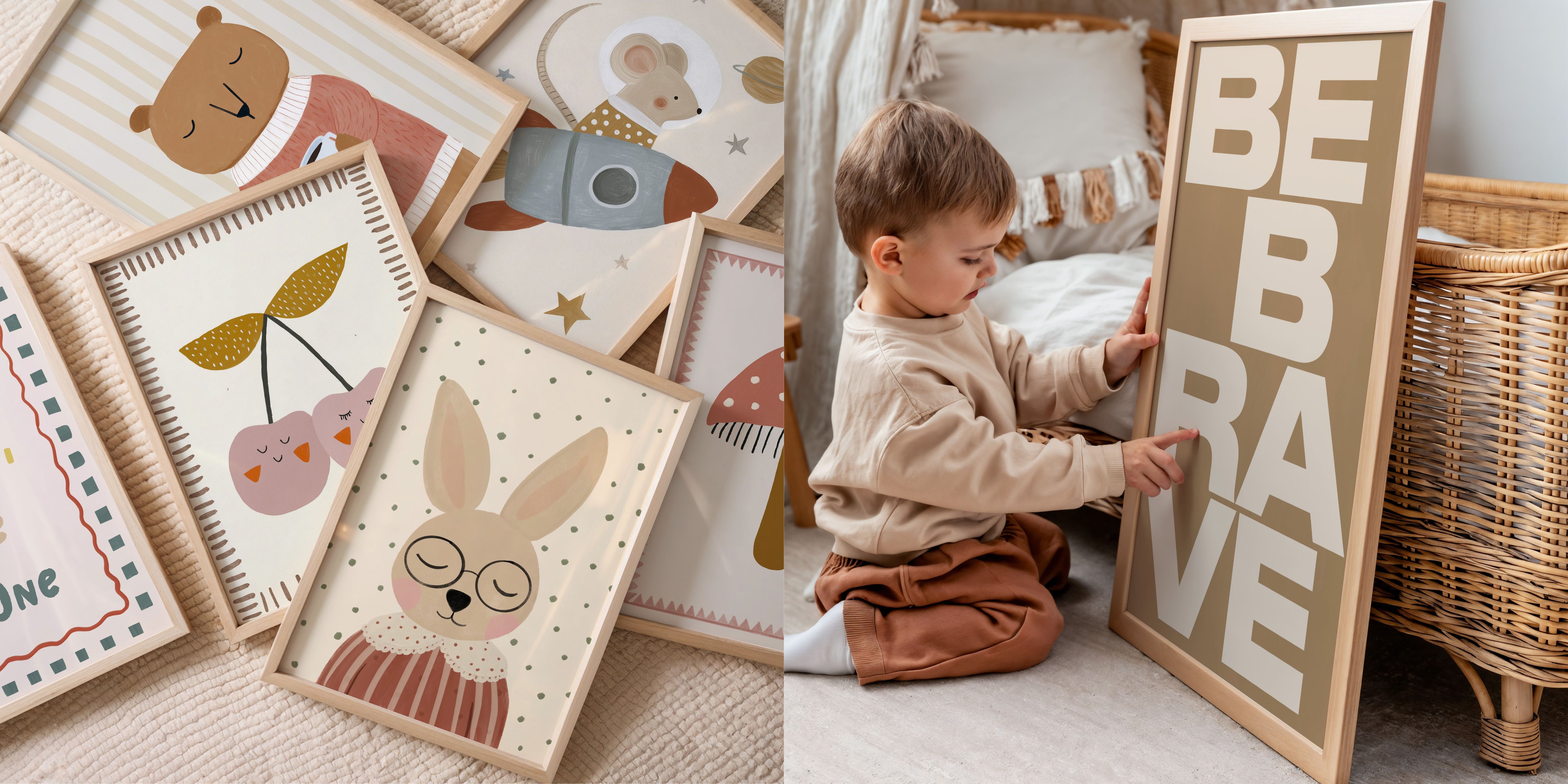 Speelse kinderposters met dierenillustraties en typografie in zachte tinten, ingelijst en perfect voor de kinderkamer.