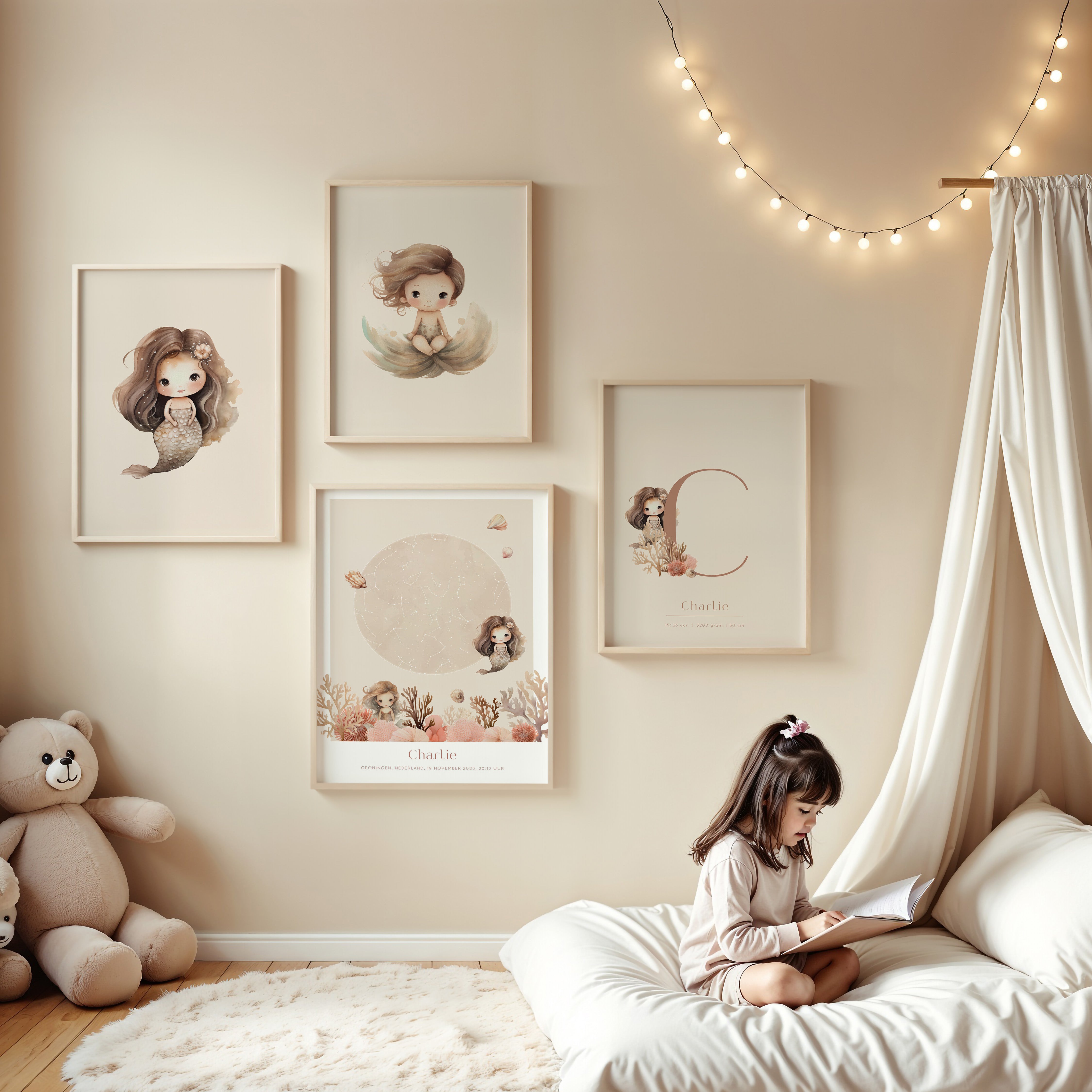 Kinderkamer poster - Zeemeermin beige met bloem | Mermaids