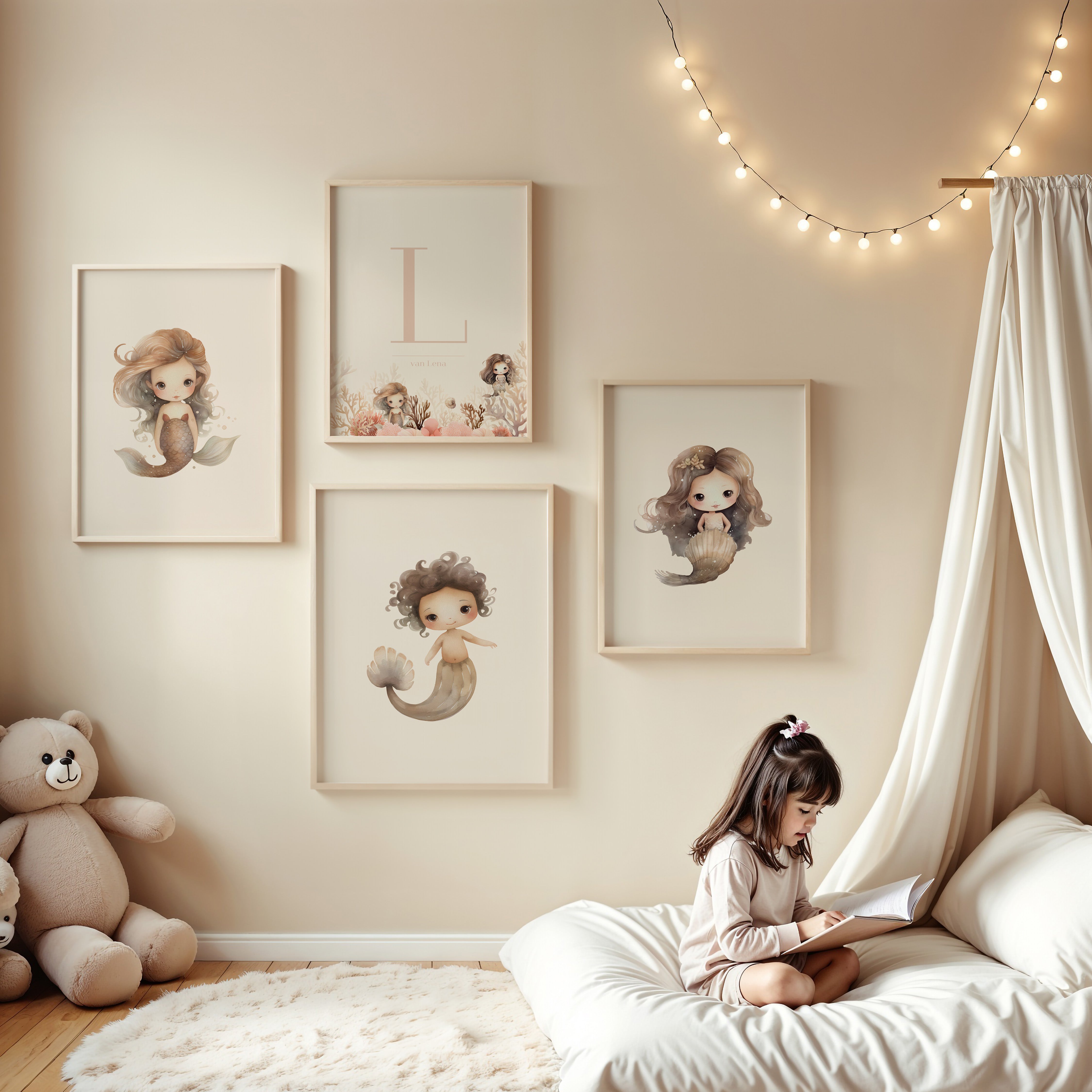 Kinderkamer poster - Zeemeermin beige met schelpstaart | Mermaids