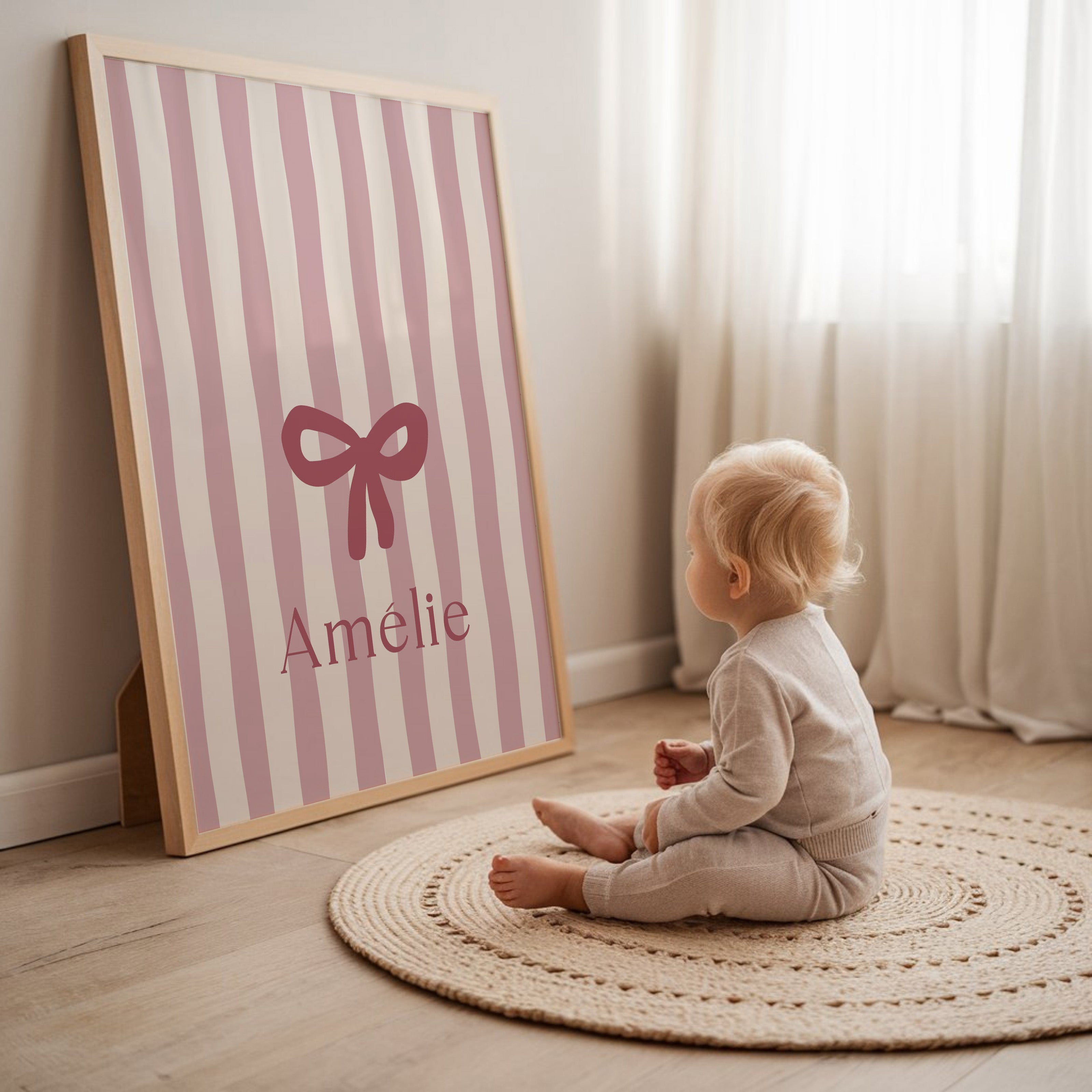 Geboorteposter Strikstrepen - zacht roze