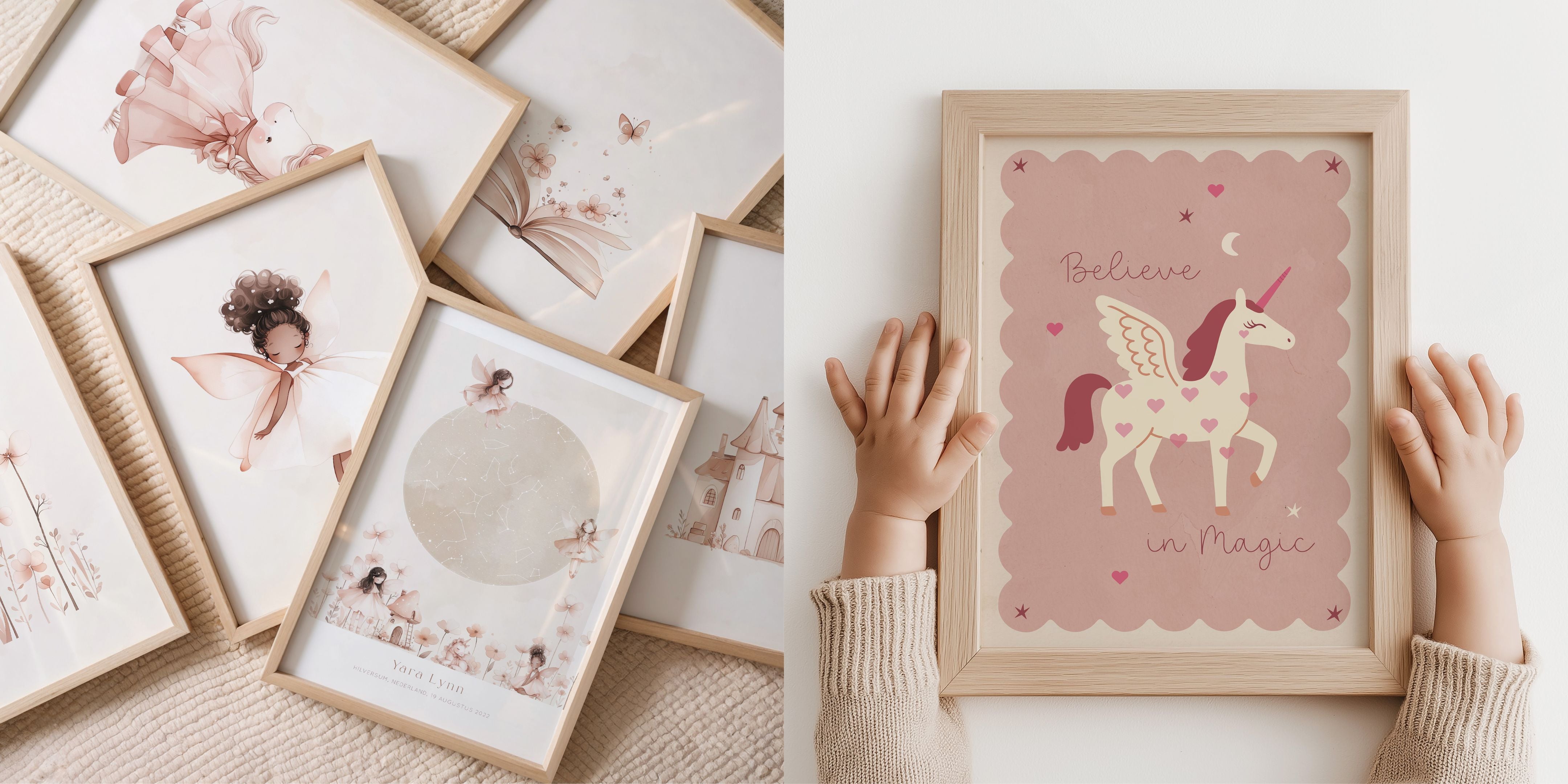 Dromerige posters voor de kinderkamer met elfjes, eenhoorns en een sprookjessfeer.