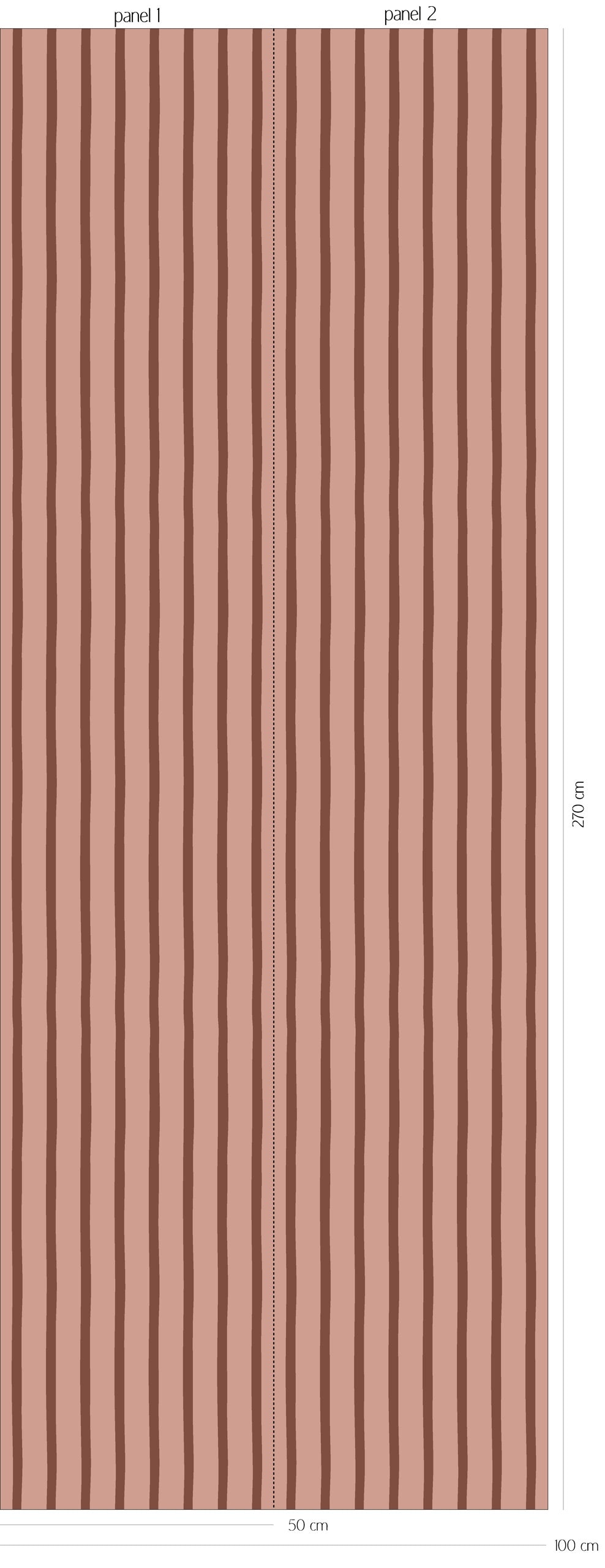 Patroonoverzicht van Flow Stripes - blush cacao behang met fijne, licht golvende verticale strepen in zacht blushroze en warm cacaobruin
