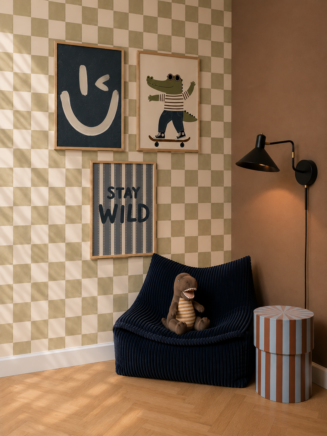 Behang ruitje ruitje olijf voor stoere jongenskamer of kinderkamer
