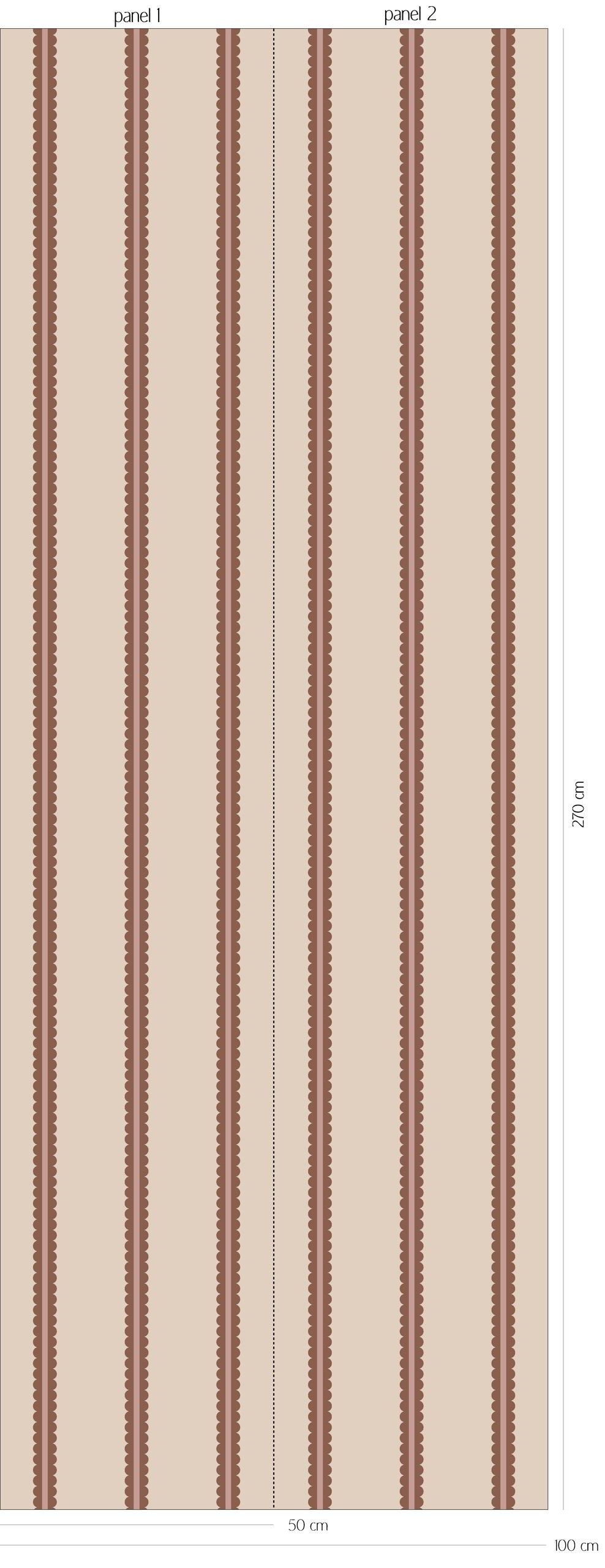 Patroonoverzicht van Scalloped Twins - powder blush behang met dubbele verticale strepen met geschulpte randen in licht beige, zacht oudroze en warm bruin