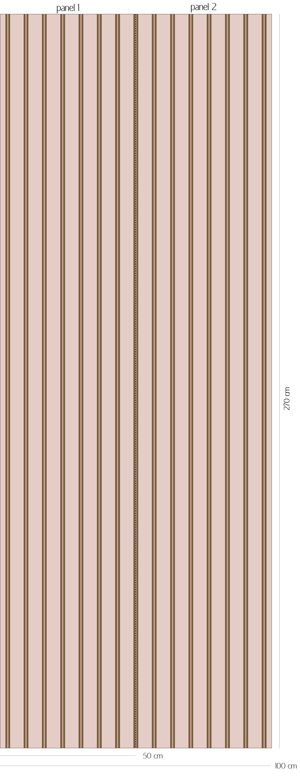 Patroonoverzicht van Twin Stripes - blush olive behang met fijne dubbele verticale strepen in licht blushroze, olijfgroen en warm bruin