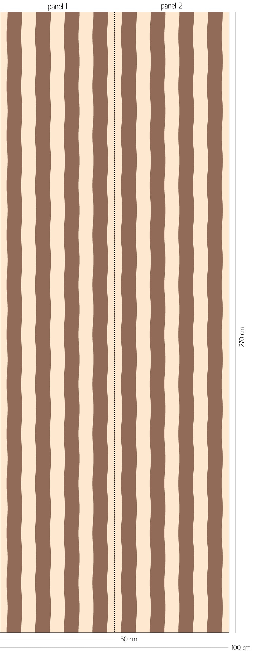 Patroonoverzicht van Wavy Stripes - warm brown behang met brede, organisch golvende strepen in warm bruin en vanillecrème