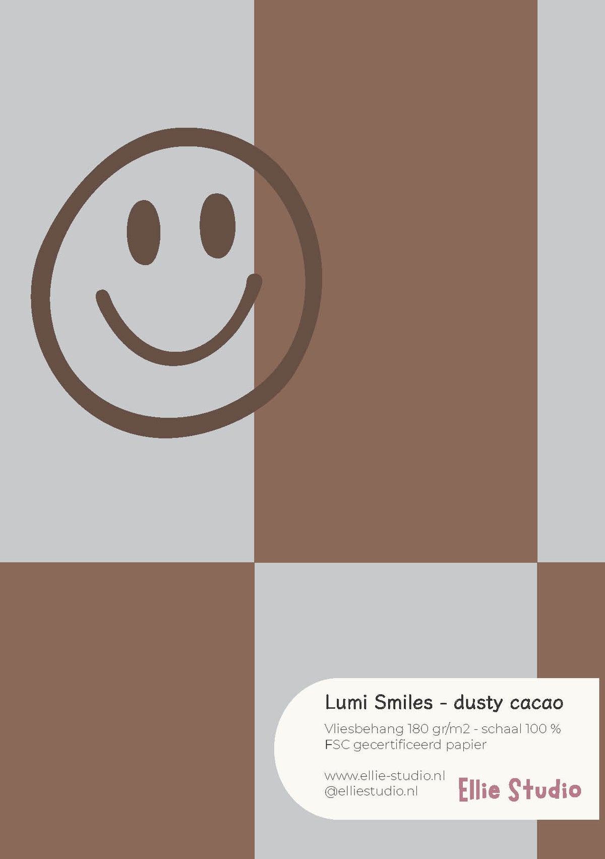 A4-behangstaal Lumi Smiles dusty cacao met bruine en lichtgrijze vlakken en een smiley