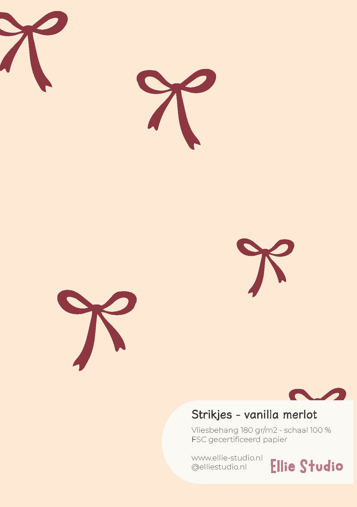 A4 behangstaal Strikjes - vanilla merlot van ELLIE Studio: vanillecrème met merlotrode strikjes