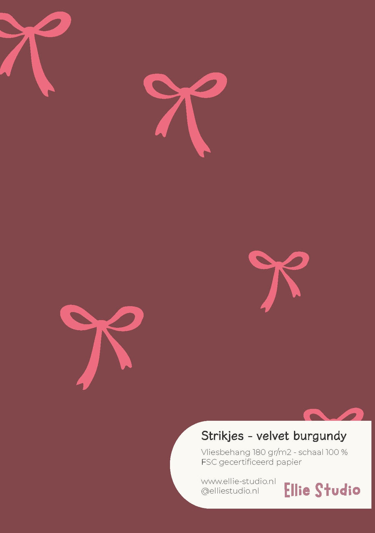 A4 behangstaal Strikjes - velvet burgundy van ELLIE Studio: bordeauxrood met roze strikjes