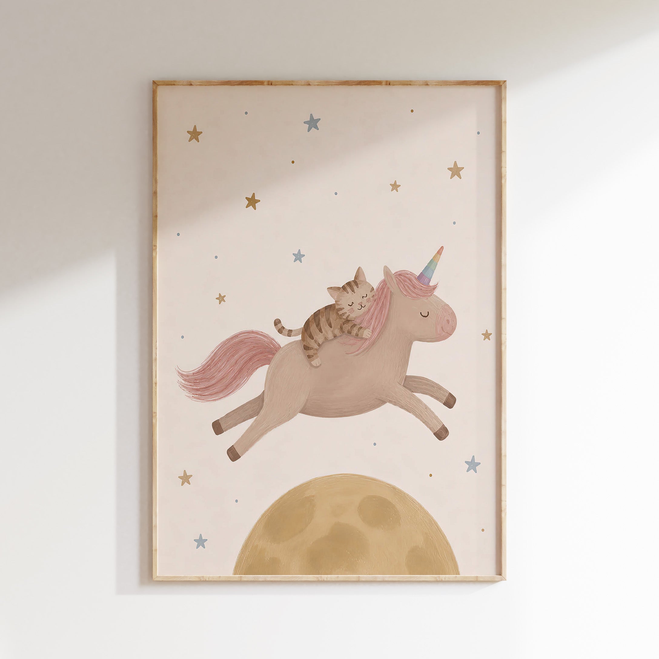 Eenhoorn poster met poes, maan en sterren voor de kinderkamer