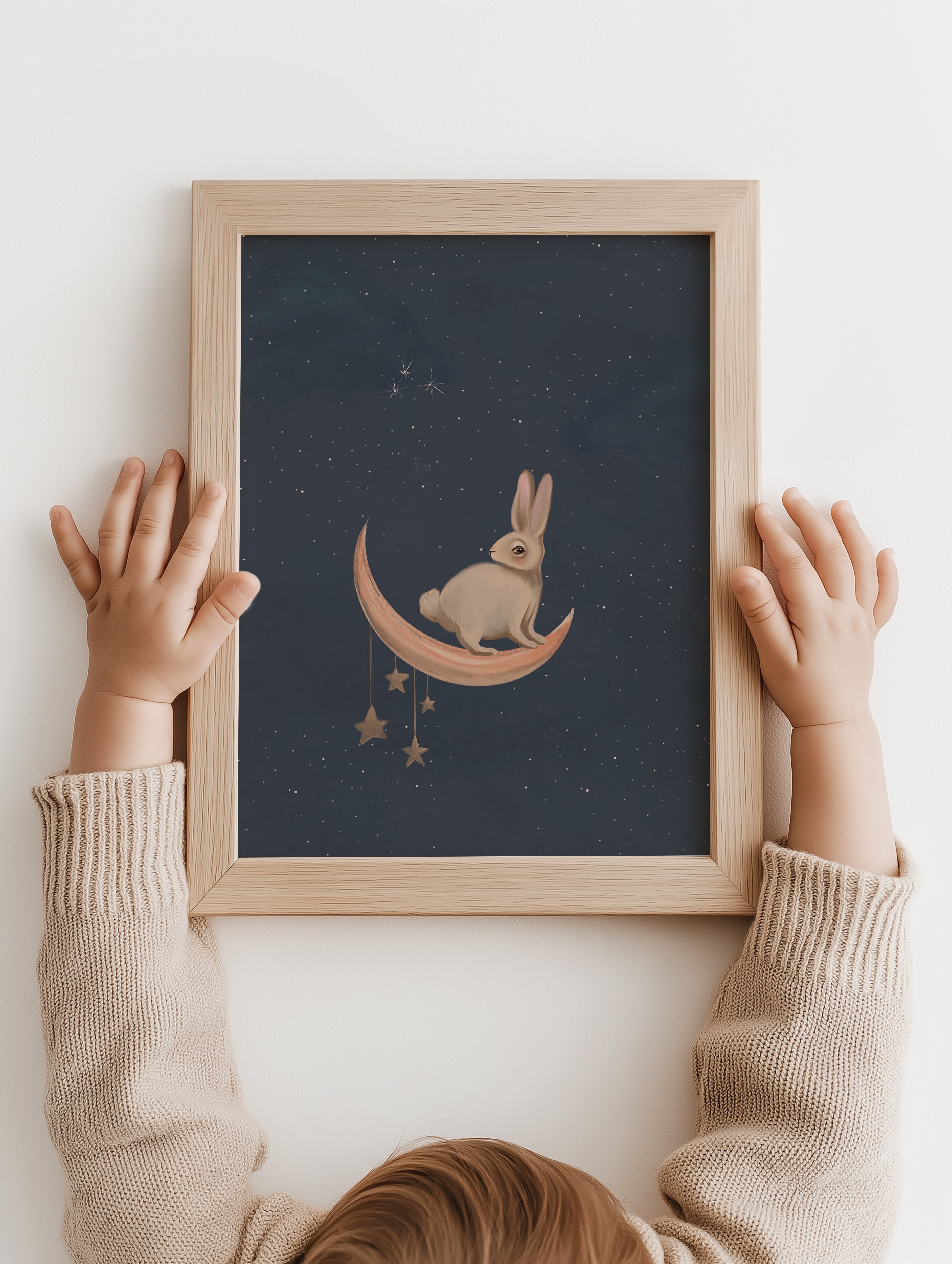 Kinderkamer poster - Konijntje op de maan donkerblauw | Enchanted Forest