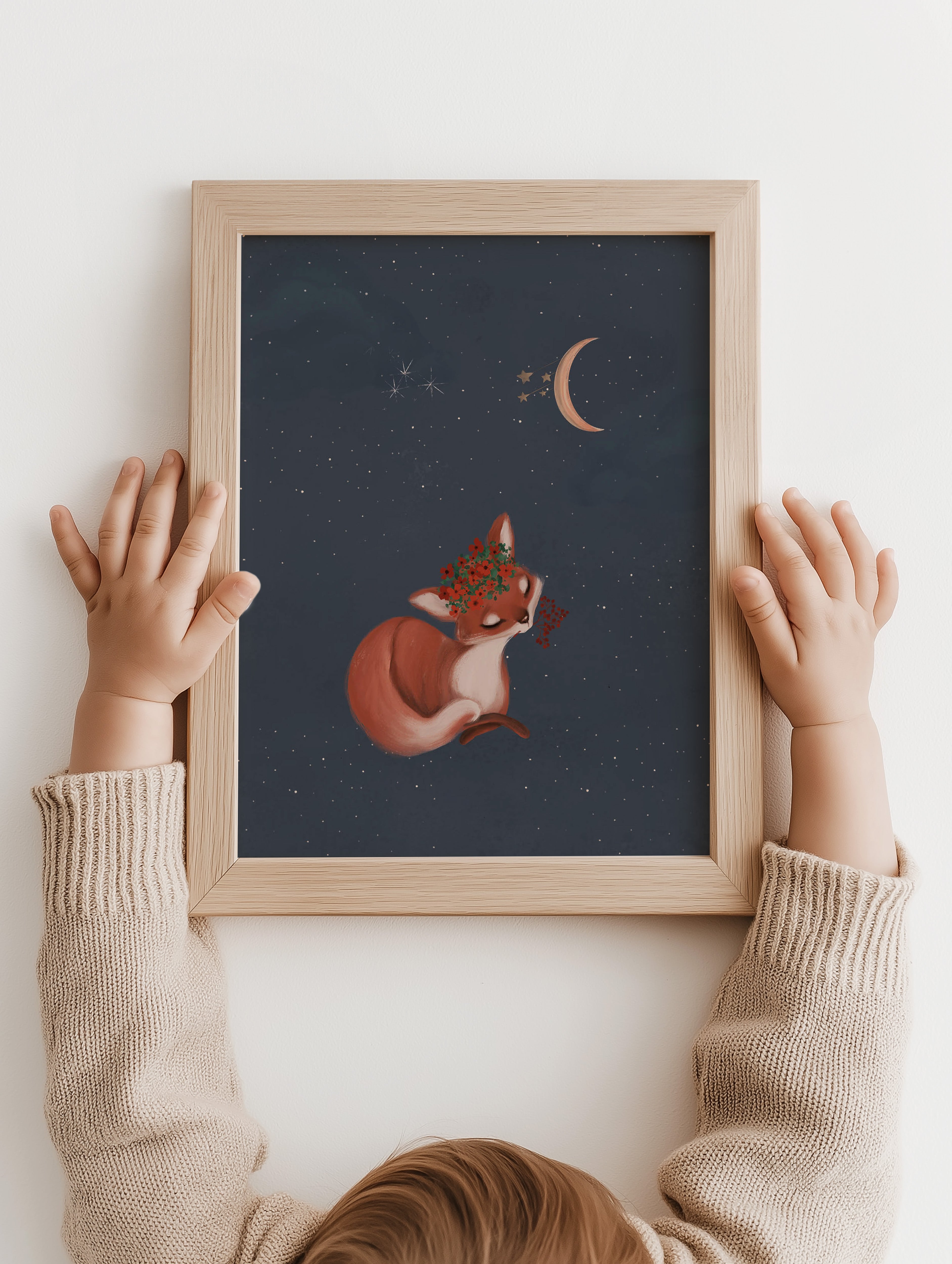 Kinderkamer poster - Lief vosje onder de maan donkerblauw | Enchanted Forest