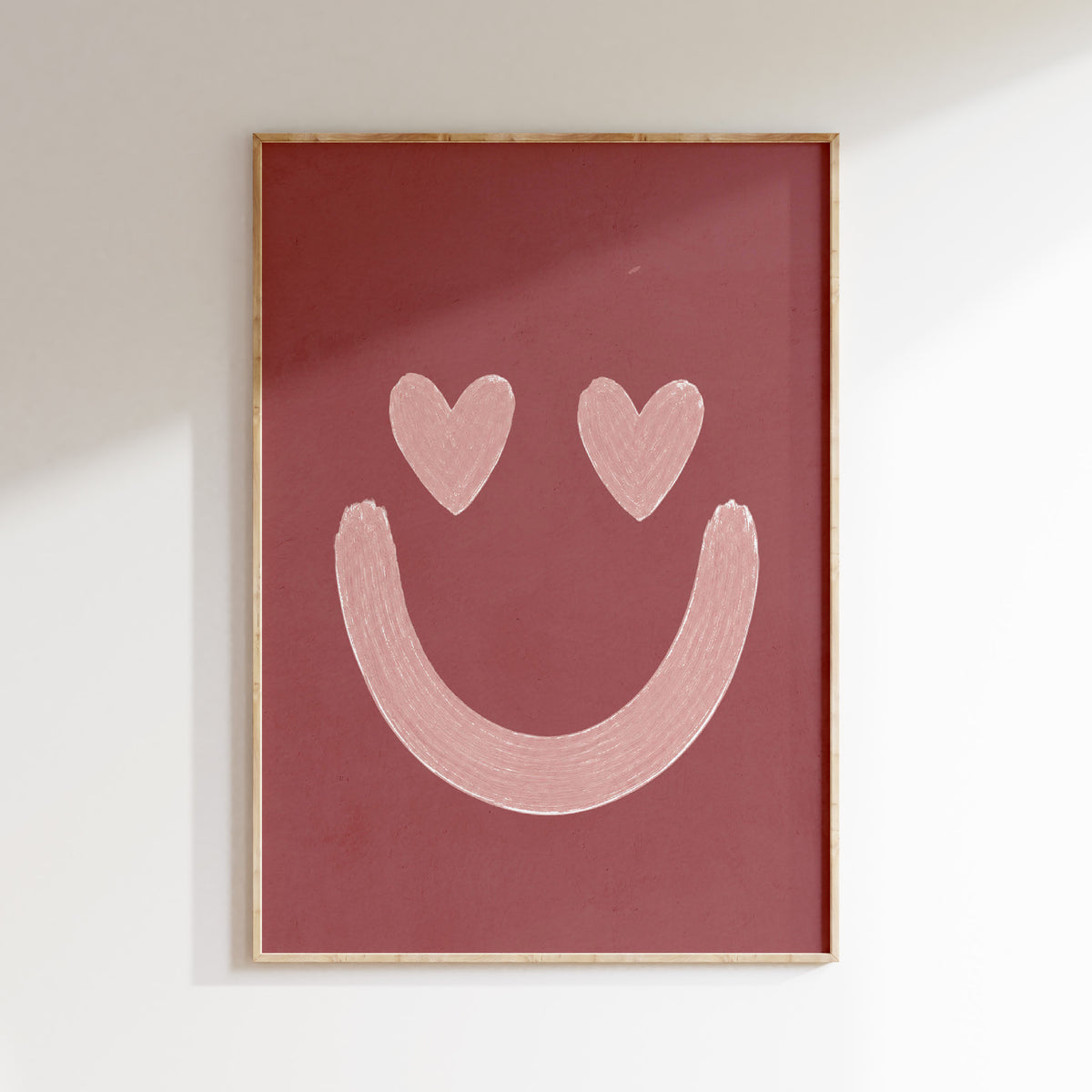 Kinderkamerposter Hartjes Smiley in oudroze met lichtroze smiley en hartjesogen