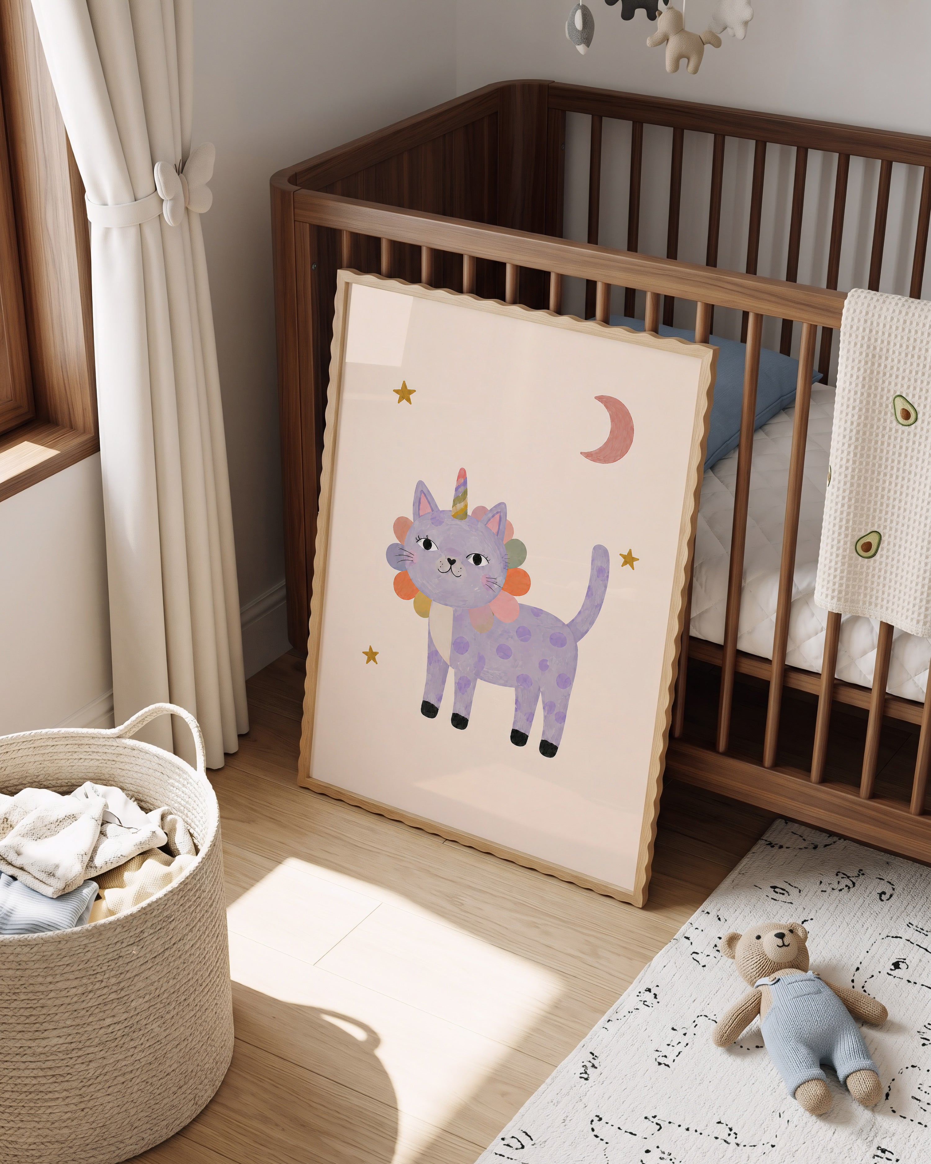 Kinderkamer poster met unicorn poes, bloemenkraag, maan en sterren