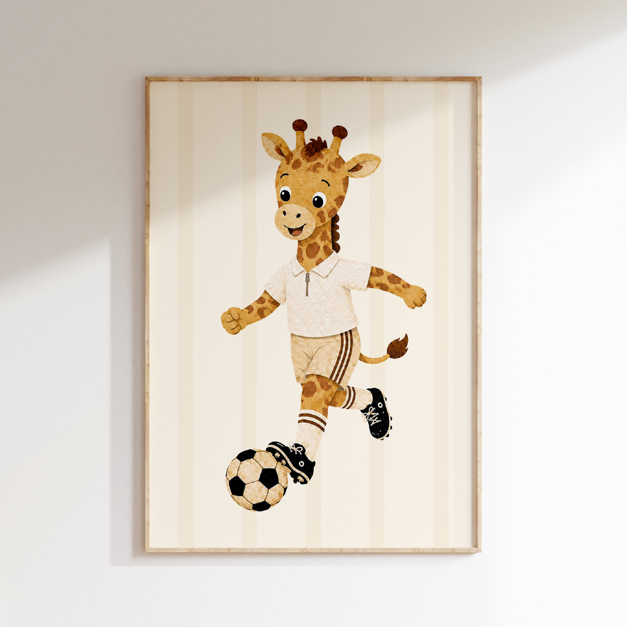 Kinderkamer poster met vrolijke giraf in voetbaltenue en voetbal
