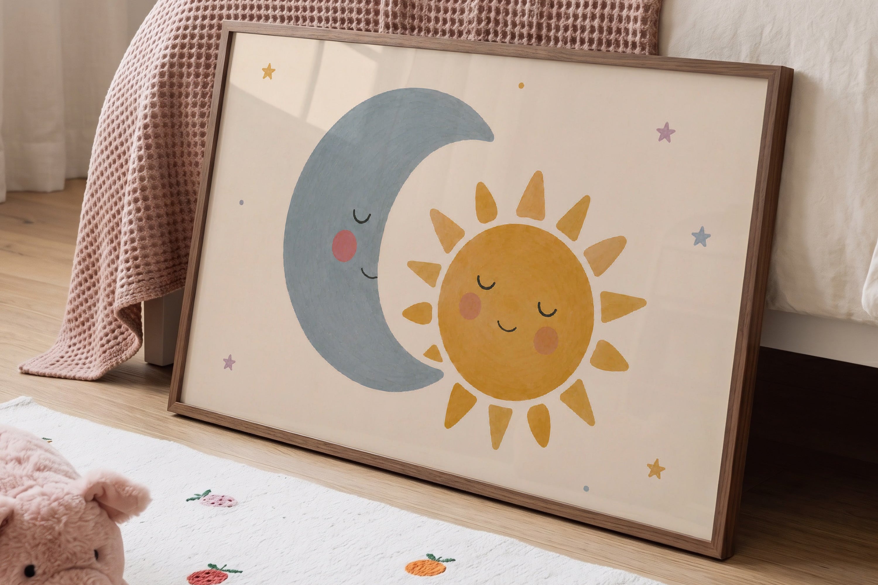 Kinderkamer poster met okergele zon, blauwgrijze maan en pastelsterren