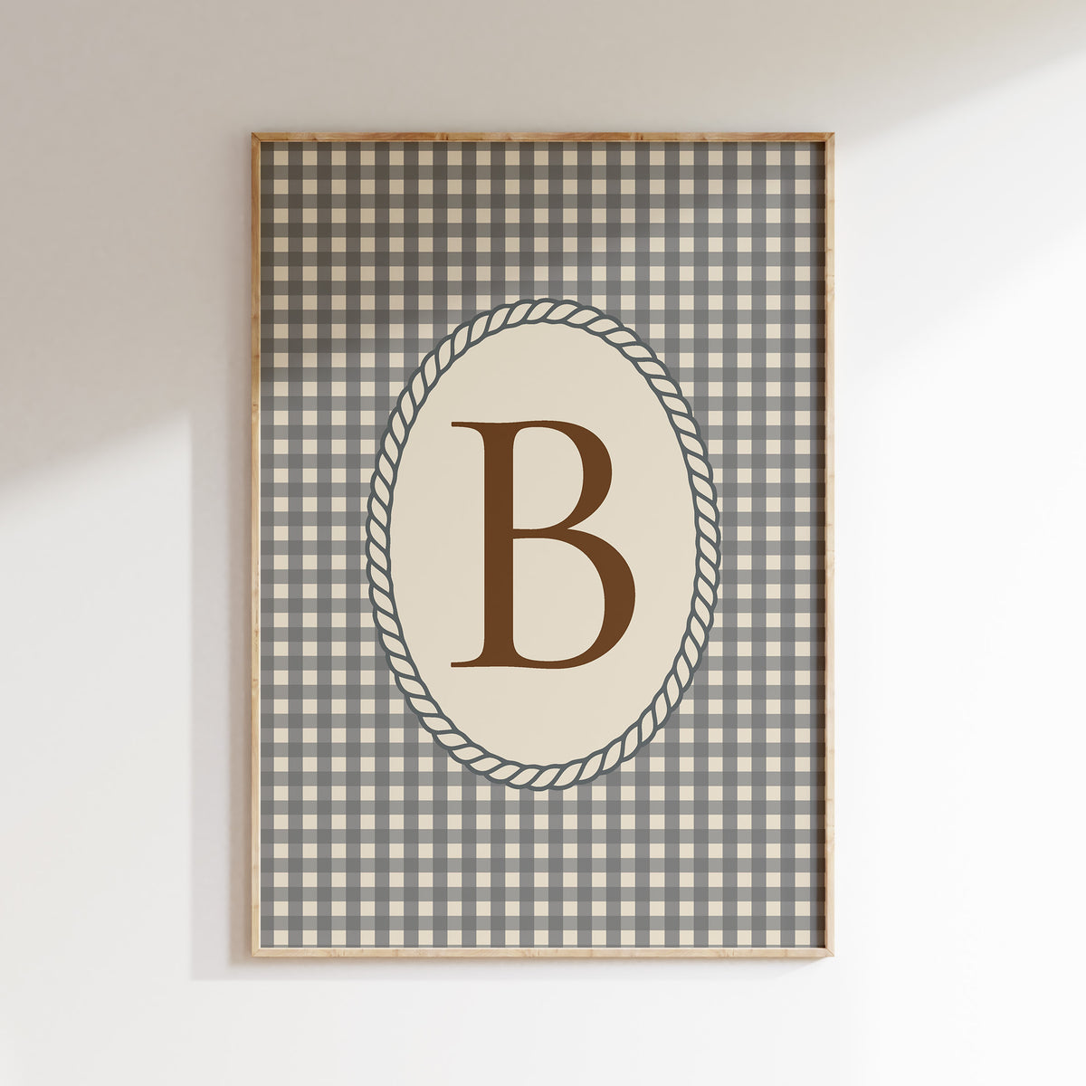 Gepersonaliseerde Vintage Check letterposter met blauwe ruitjes