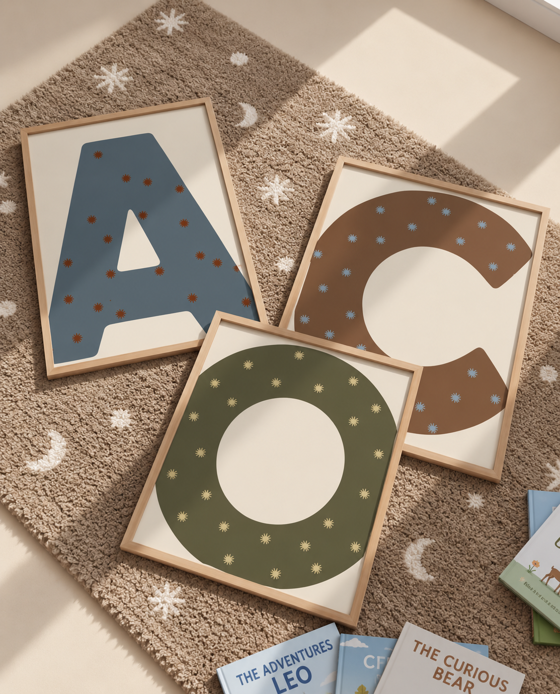 Drie Letterposter Stars ontwerpen in blauw, groen en bruin