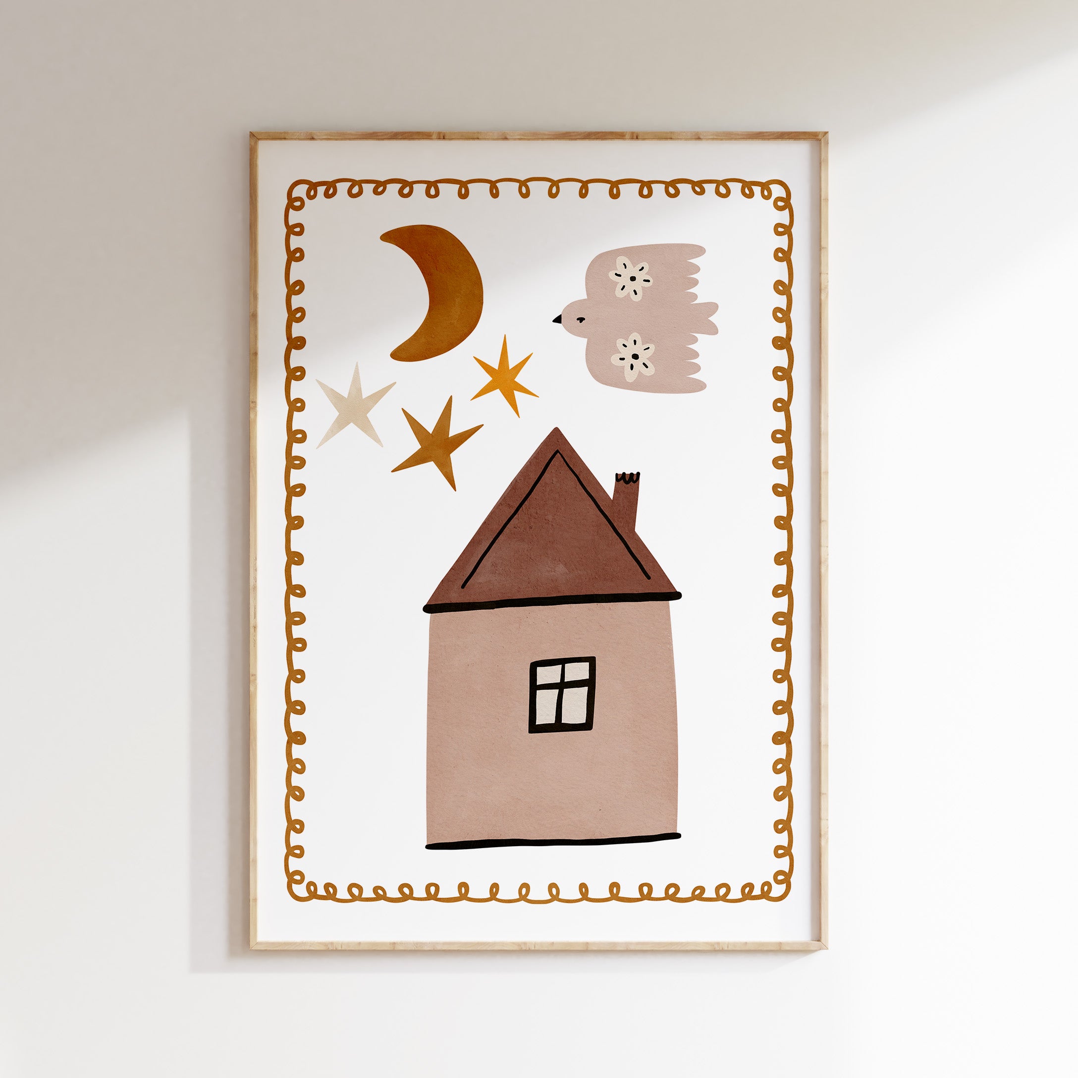 Retro kinderkamer poster - Huisje met maan en sterren