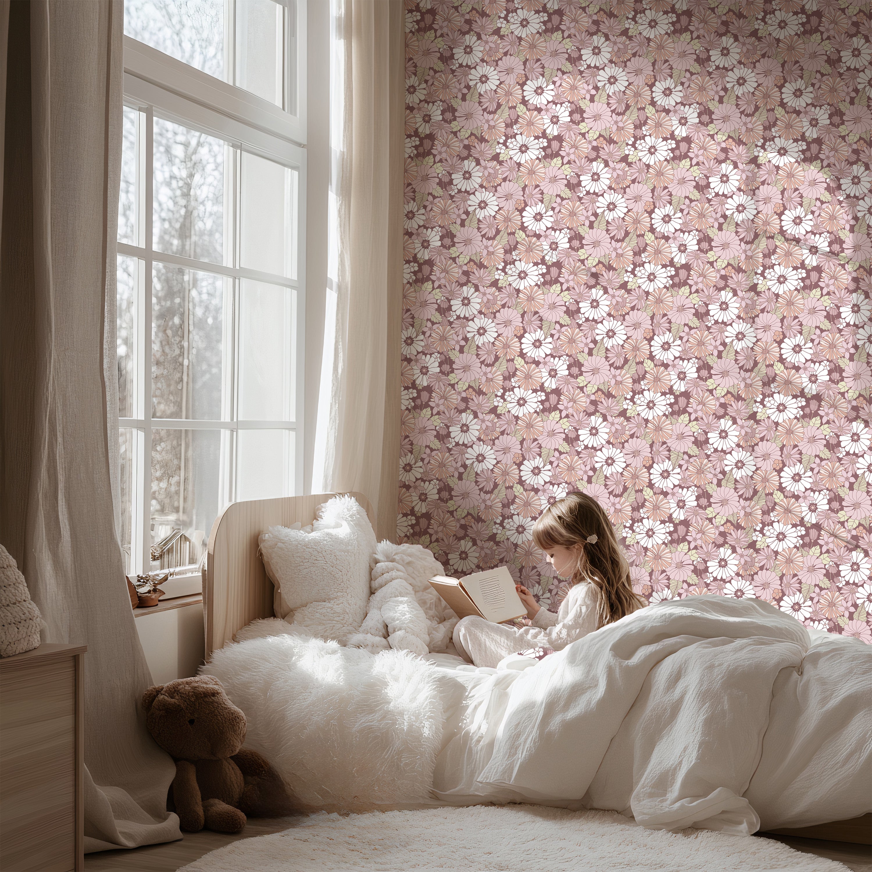 Behang Retro Flowers - mauve