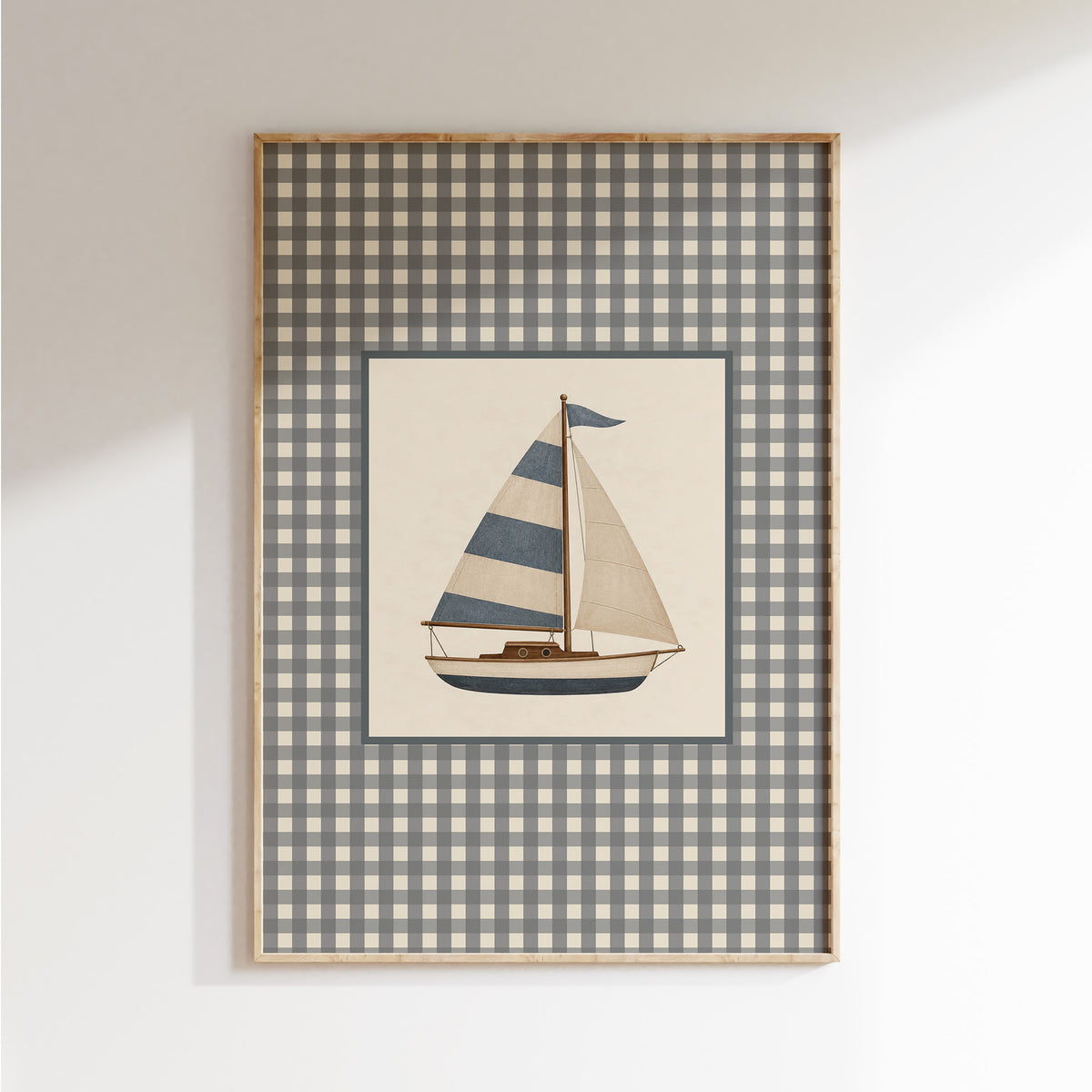 Vintage zeilbootposter in ruitlijst voor de kinderkamer