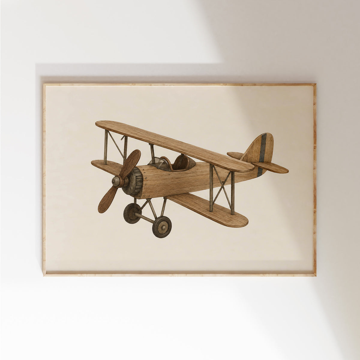 Vintage airplane poster met een houten dubbeldekker in een lichte houten lijst