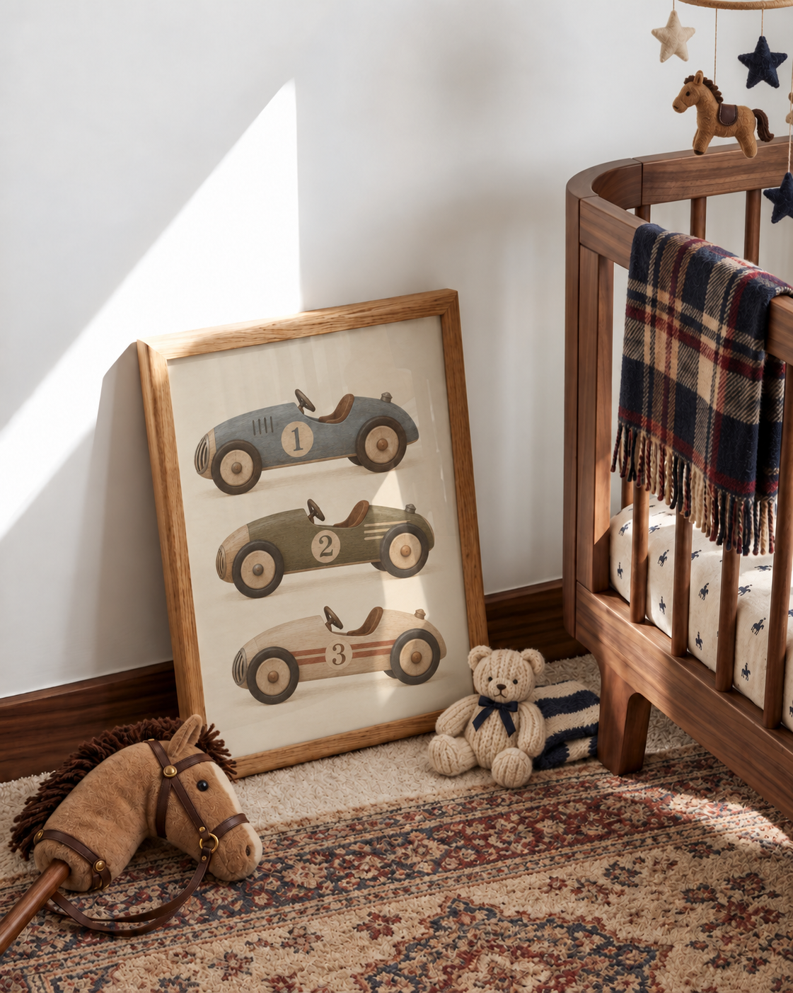 Vintage sport cars poster in een warme babykamer met donker hout en retro accenten