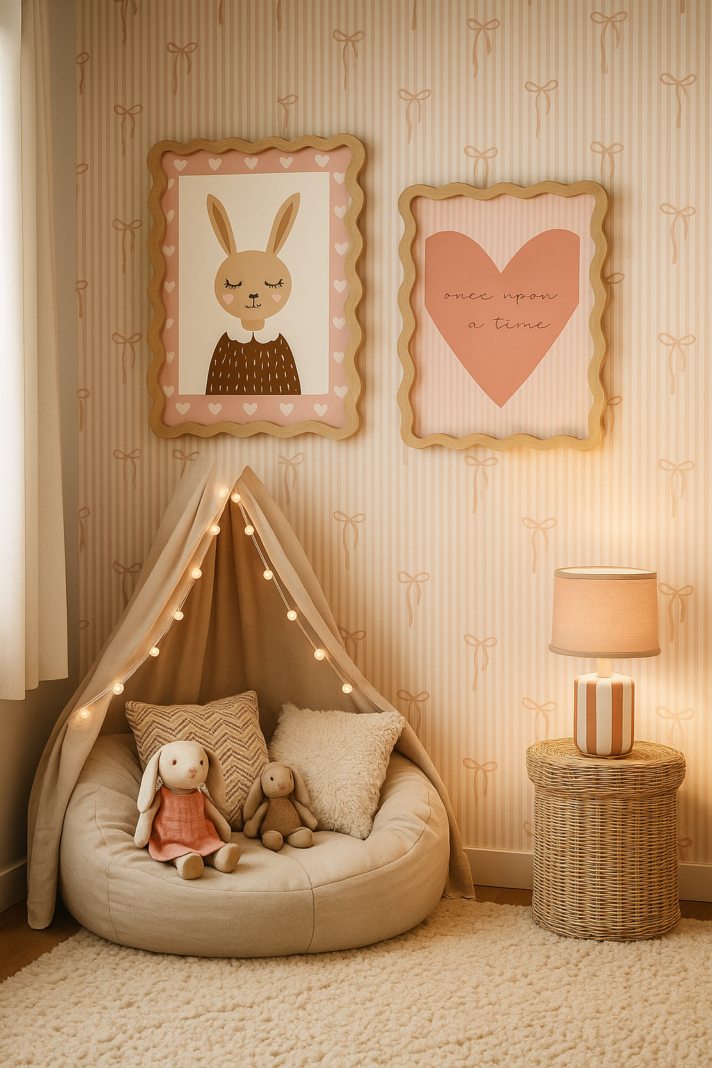 Zachte meisjeskamer inspiratie met strikjesbehang en warme roze tinten