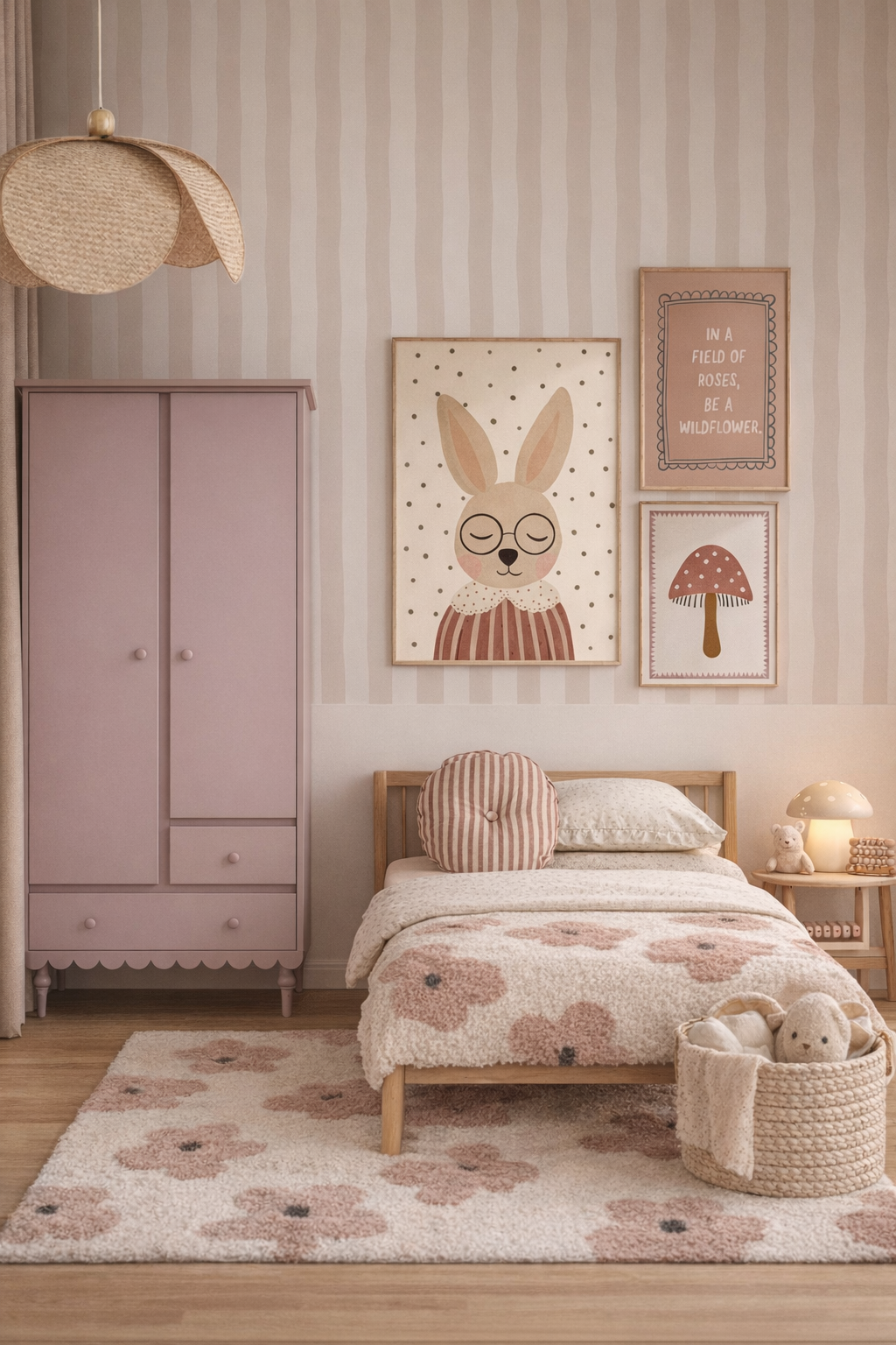 Speelse meisjeskamer inspiratie met zachte tinten, lieve posters en natuurlijke materialen