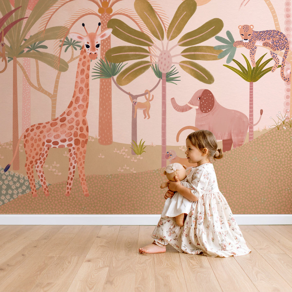Kind voor Africa blossom collagebehang met dieren en palmbomen