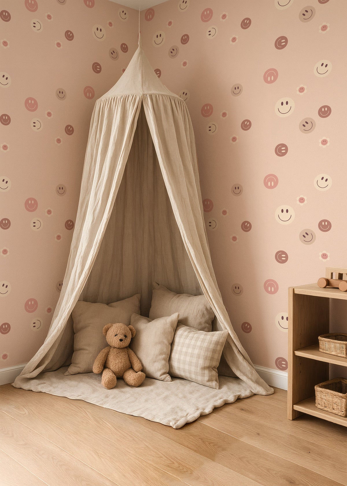 Babykamer met Smiley Blossom behang in zachte roze tinten