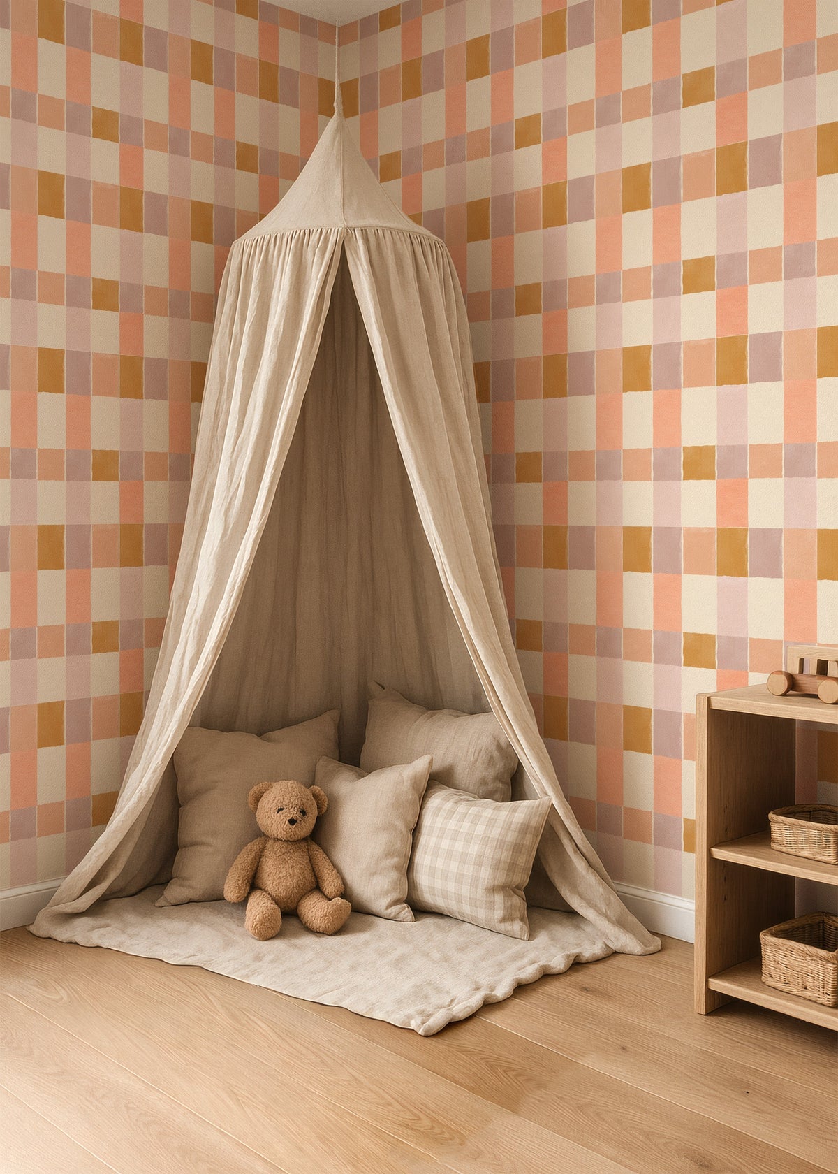 Leeshoek met beige hemel en Tegeltje Tegeltje lila behang