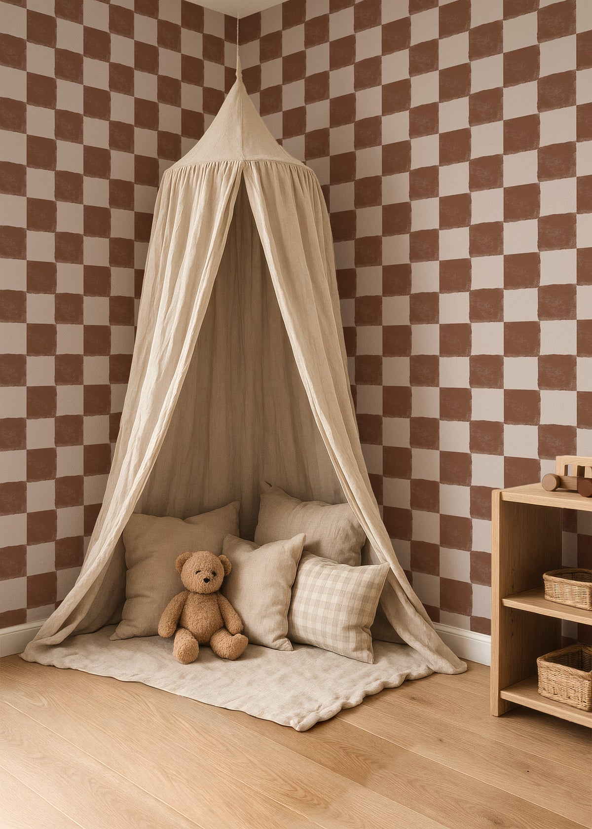 Leeshoek met speelhemel en chocoladebruin Ruitje Ruitje behang