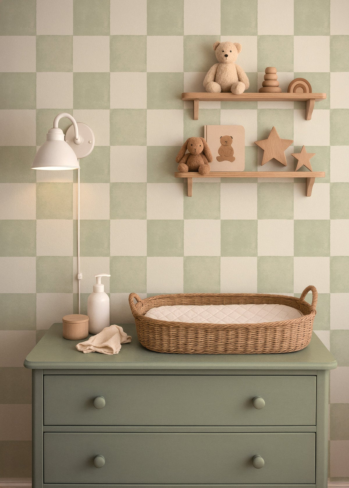 Groene commode met aankleedmand voor Ruitje Ruitje sage behang